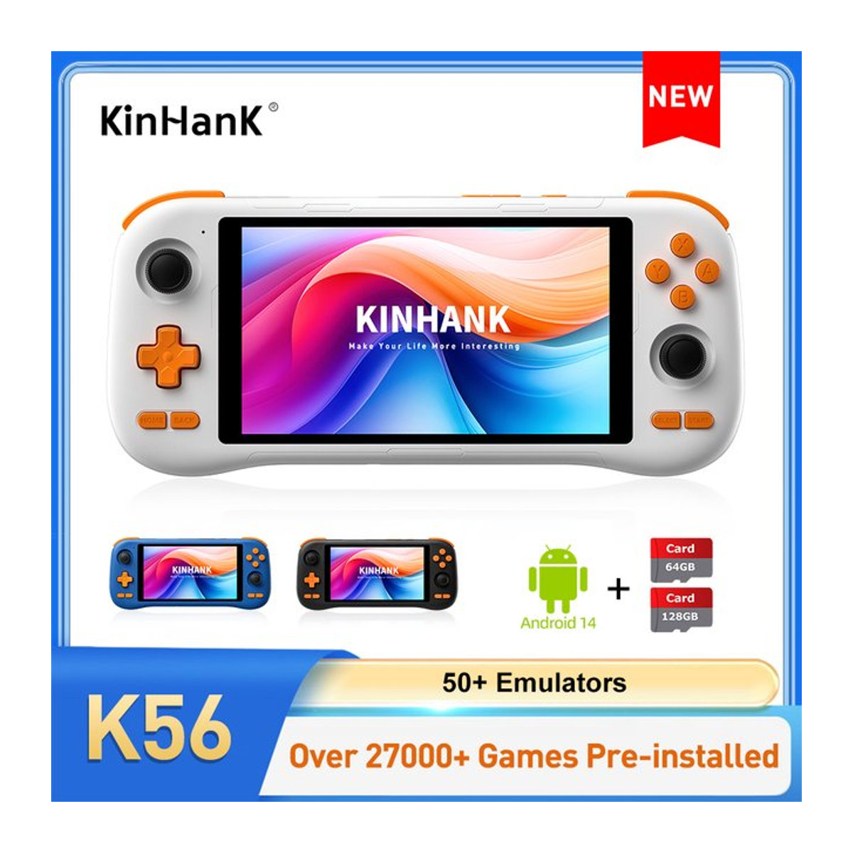 KINHANK K56 Handheld-Spielekonsole mit 5,5 Zoll Touchscreen, Android 14, 5000 mAh Akku und 27000 Spielen in Weiß - Bild 1