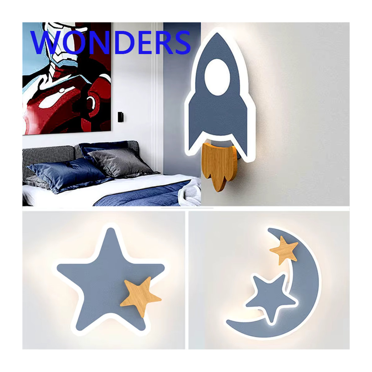 KINLAMS LED Rakete Wandlampe aus Acryl in Blau im skandinavischen Design für Kinderzimmer und Schlafzimmer - Bild 2