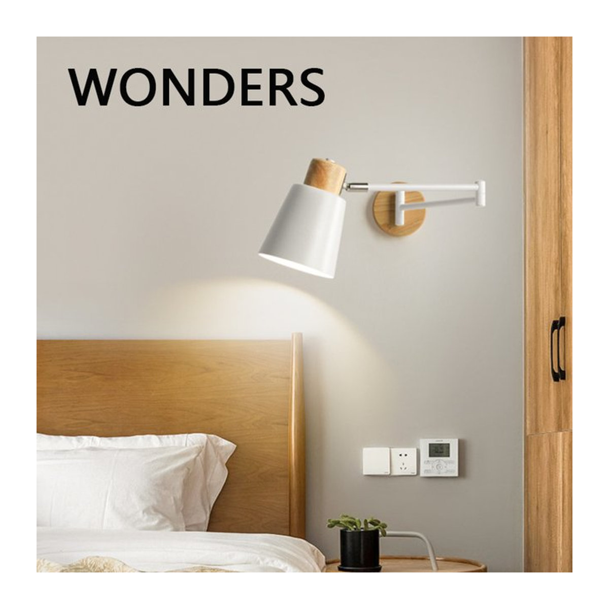 KINLAMS Wandleuchte im skandinavischen Design aus Holz und Metall, Weiß, E27 - Bild 1