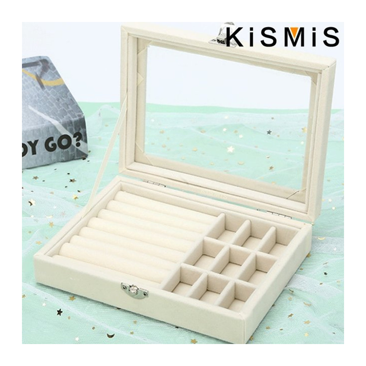 KISMIS Ring-Organizer-Box aus Samt in Beige mit transparentem Deckel als staubdichter Schmuckhalter für Ringe und Ohrringe - Bild 1