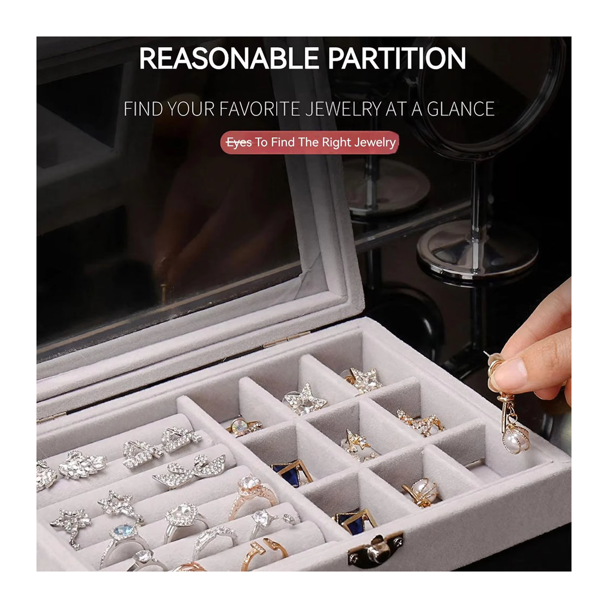 KISMIS Ring-Organizer-Box aus Samt in Beige mit transparentem Deckel als staubdichter Schmuckhalter für Ringe und Ohrringe - Bild 2