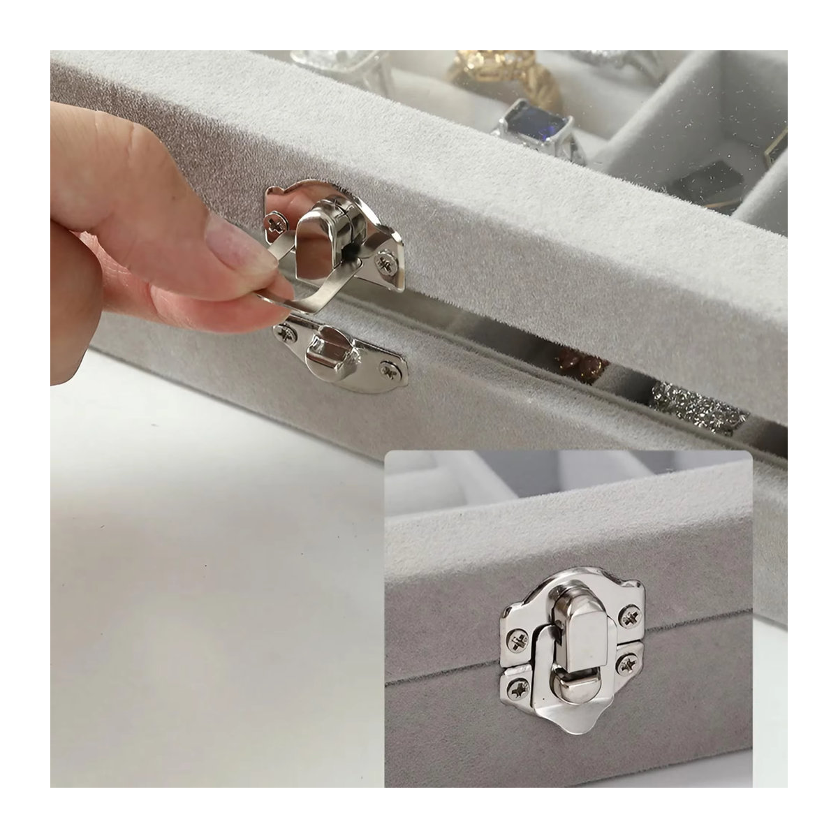 KISMIS Ring-Organizer-Box aus Samt in Beige mit transparentem Deckel als staubdichter Schmuckhalter für Ringe und Ohrringe - Bild 3