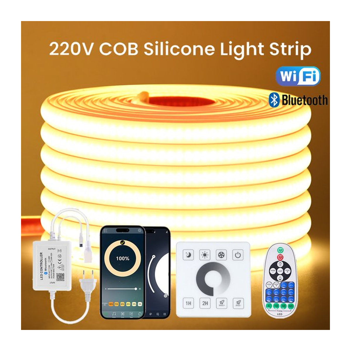 KISUFU COB LED-Lichtband mit WLAN und Bluetooth, dimmbar, 288 LEDs/m, wasserdicht, inkl. Wand-Touch-Steuerung und 23-Tasten Fernbedienung, Farben: Weiß oder Bunt, Lichtfarbe: Neutralweiß - Bild 1