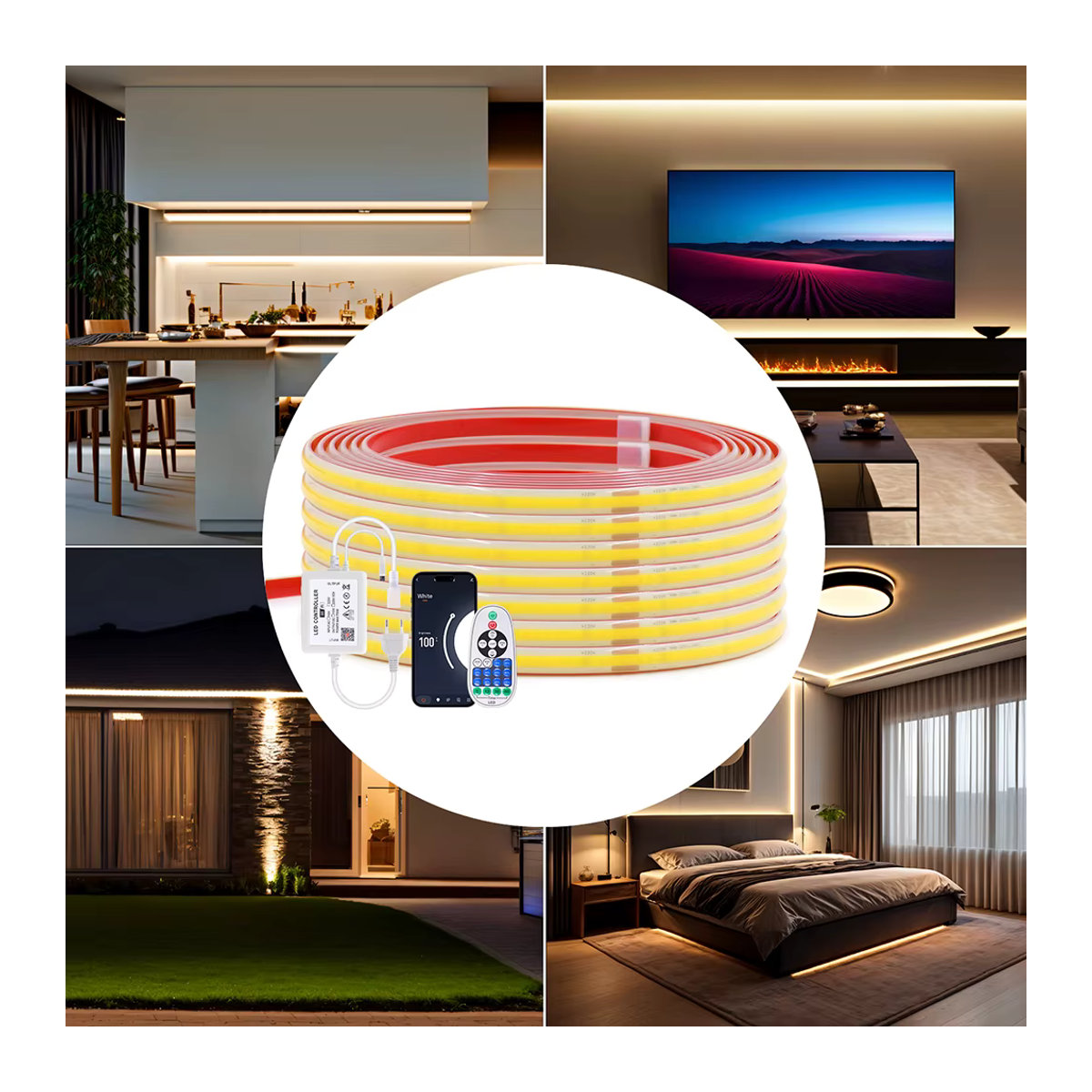 KISUFU COB LED-Lichtband mit WLAN und Bluetooth, dimmbar, 288 LEDs/m, wasserdicht, inkl. Wand-Touch-Steuerung und 23-Tasten Fernbedienung, Farben: Weiß oder Bunt, Lichtfarbe: Neutralweiß - Bild 5
