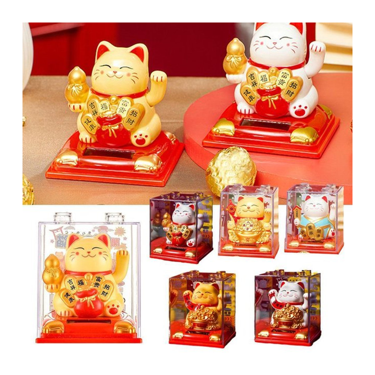 KITPIPI Glückliche Katze Figur mit Solarbetrieb, wackelnde Katze im chinesischen Stil als Ornament für das Auto, mehrfarbig - Bild 1