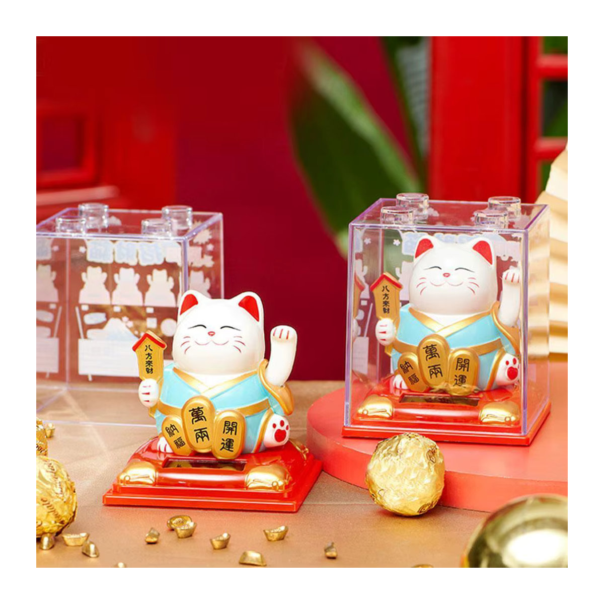 KITPIPI Glückliche Katze Figur mit Solarbetrieb, wackelnde Katze im chinesischen Stil als Ornament für das Auto, mehrfarbig - Bild 3
