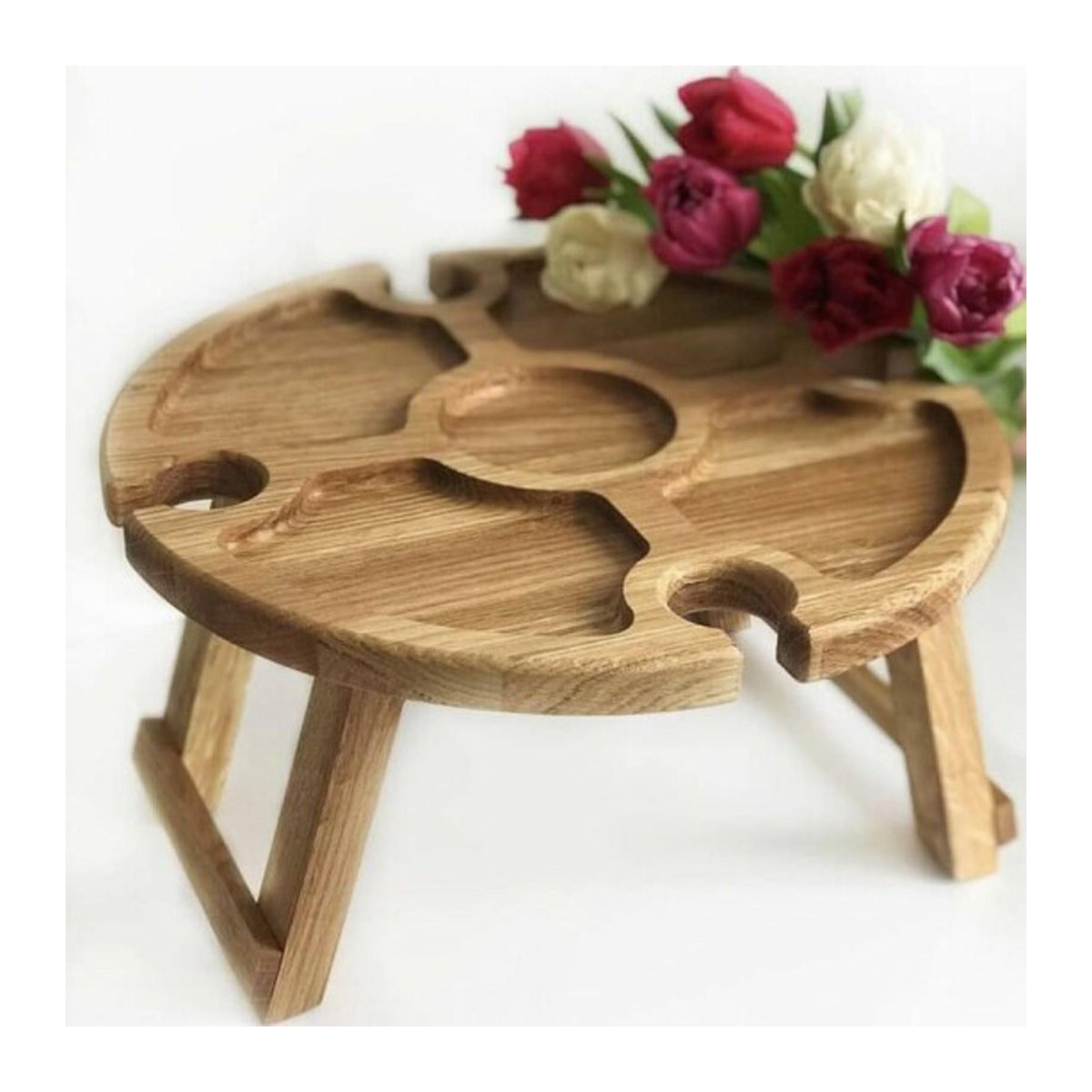 Klappbarer Picknicktisch aus Holz mit 2-in-1 Weinglasregal und Glashalter in Gelb - Bild 2
