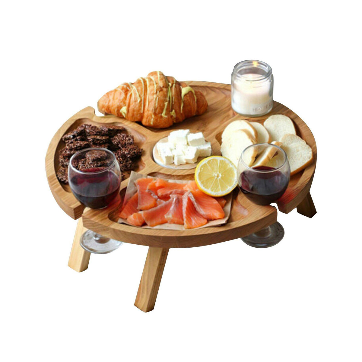 Klappbarer Picknicktisch aus Holz mit 2-in-1 Weinglasregal und Glashalter in Gelb - Bild 4
