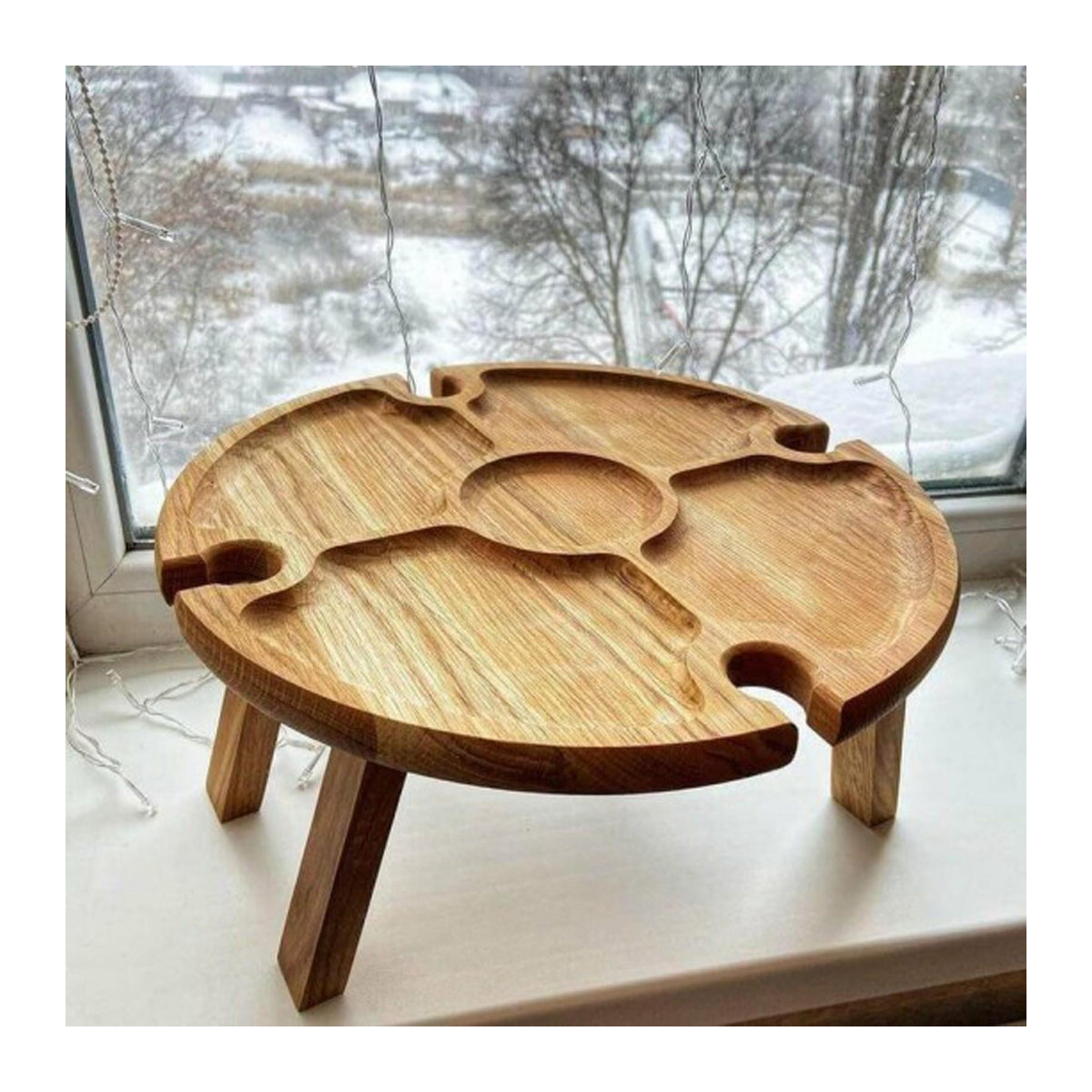Klappbarer Picknicktisch aus Holz mit 2-in-1 Weinglasregal und Glashalter in Gelb - Bild 5