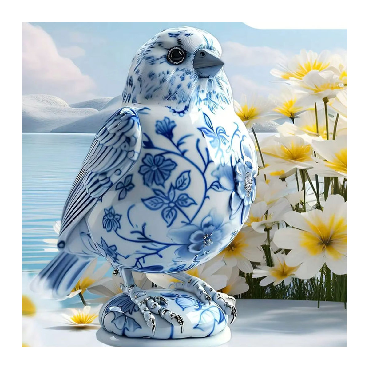 Klassische Vogel-Dekoration aus Porzellan in Blau und Weiß mit floralem Design - Bild 1