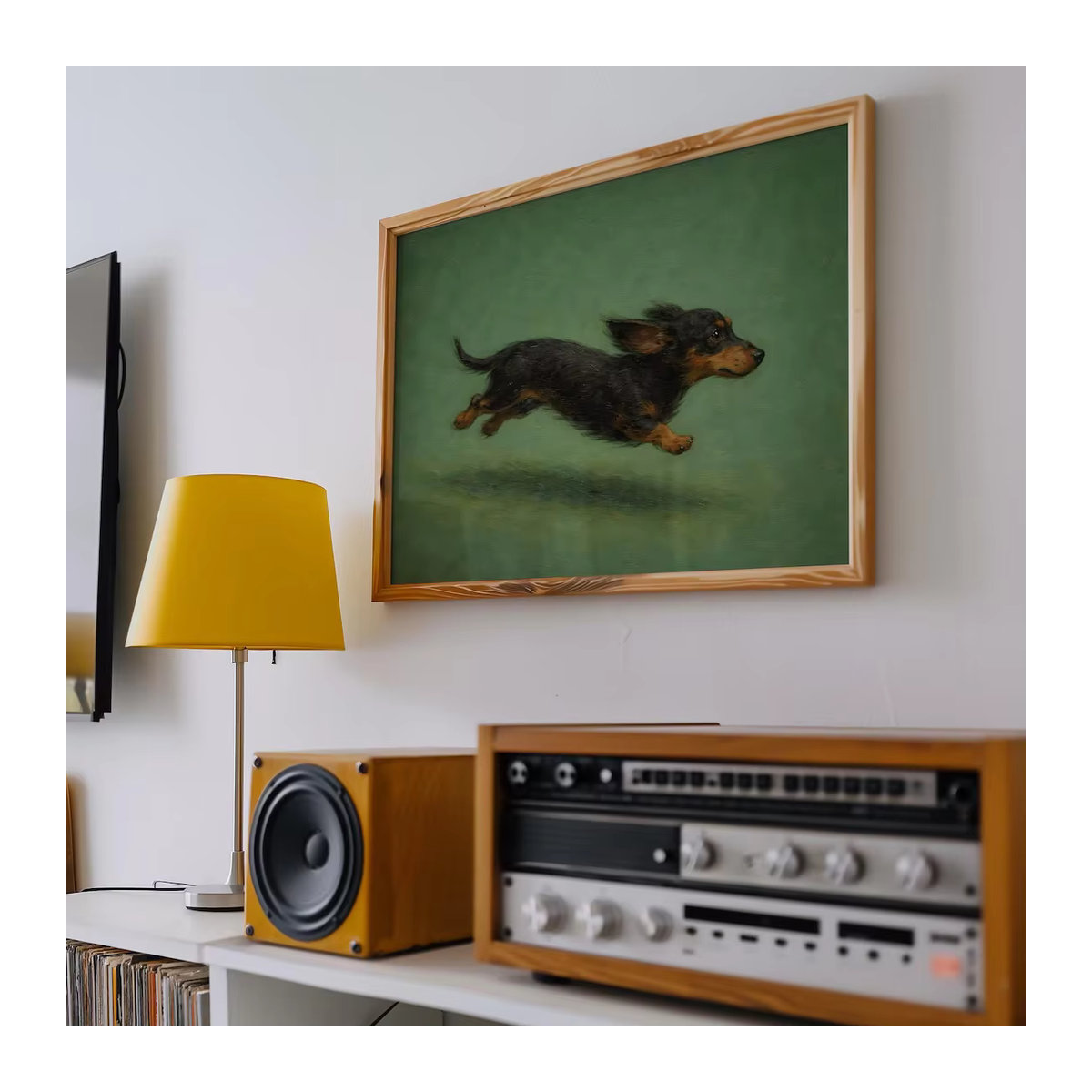 Klassischer Wanddruck von SHENCHEN mit Dackel-Illustration im Ölgemälde-Stil, schwarz-braun, Querformat aus Holz - Bild 2