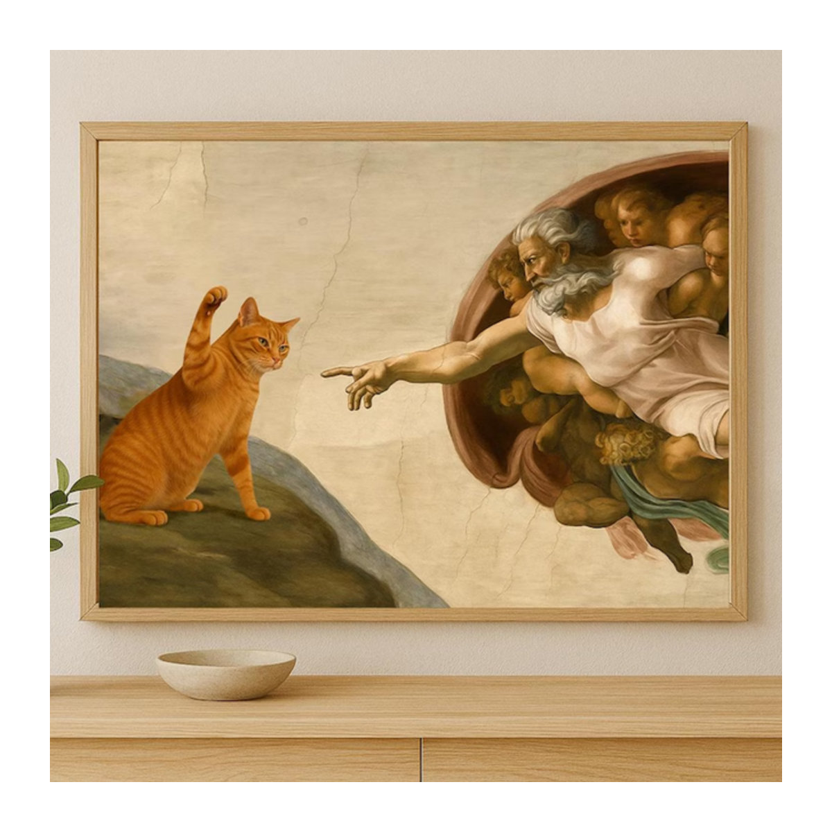 Klassisches Kunst-Parodie-Poster Creation of Adam mit orangefarbenem Katzen-Wanddruck in Querformat aus Papier - Bild 1