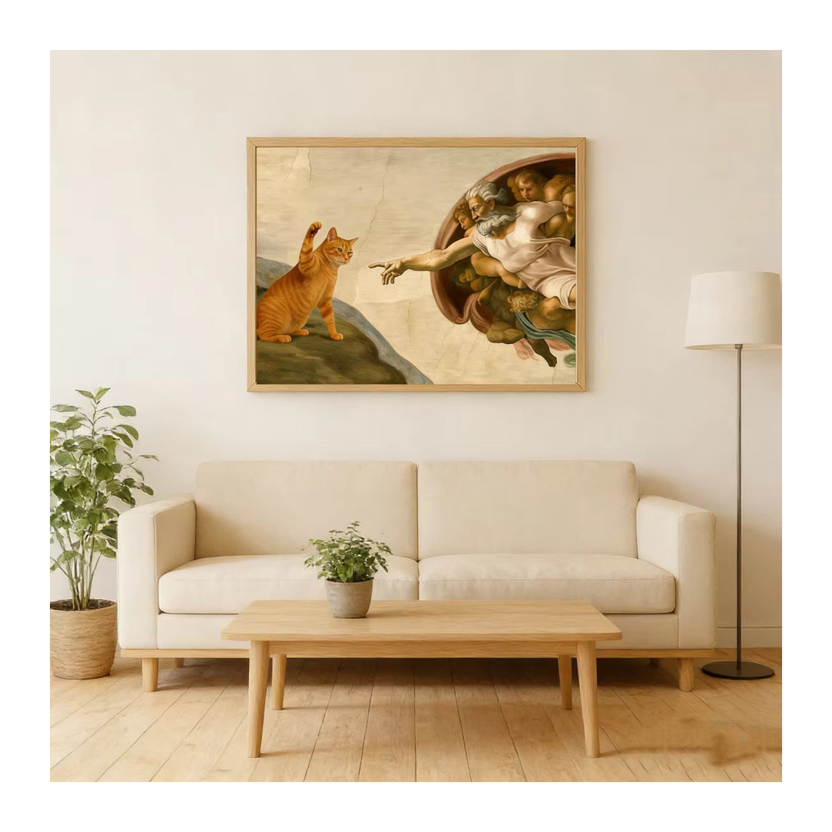 Klassisches Kunst-Parodie-Poster Creation of Adam mit orangefarbenem Katzen-Wanddruck in Querformat aus Papier - Bild 3