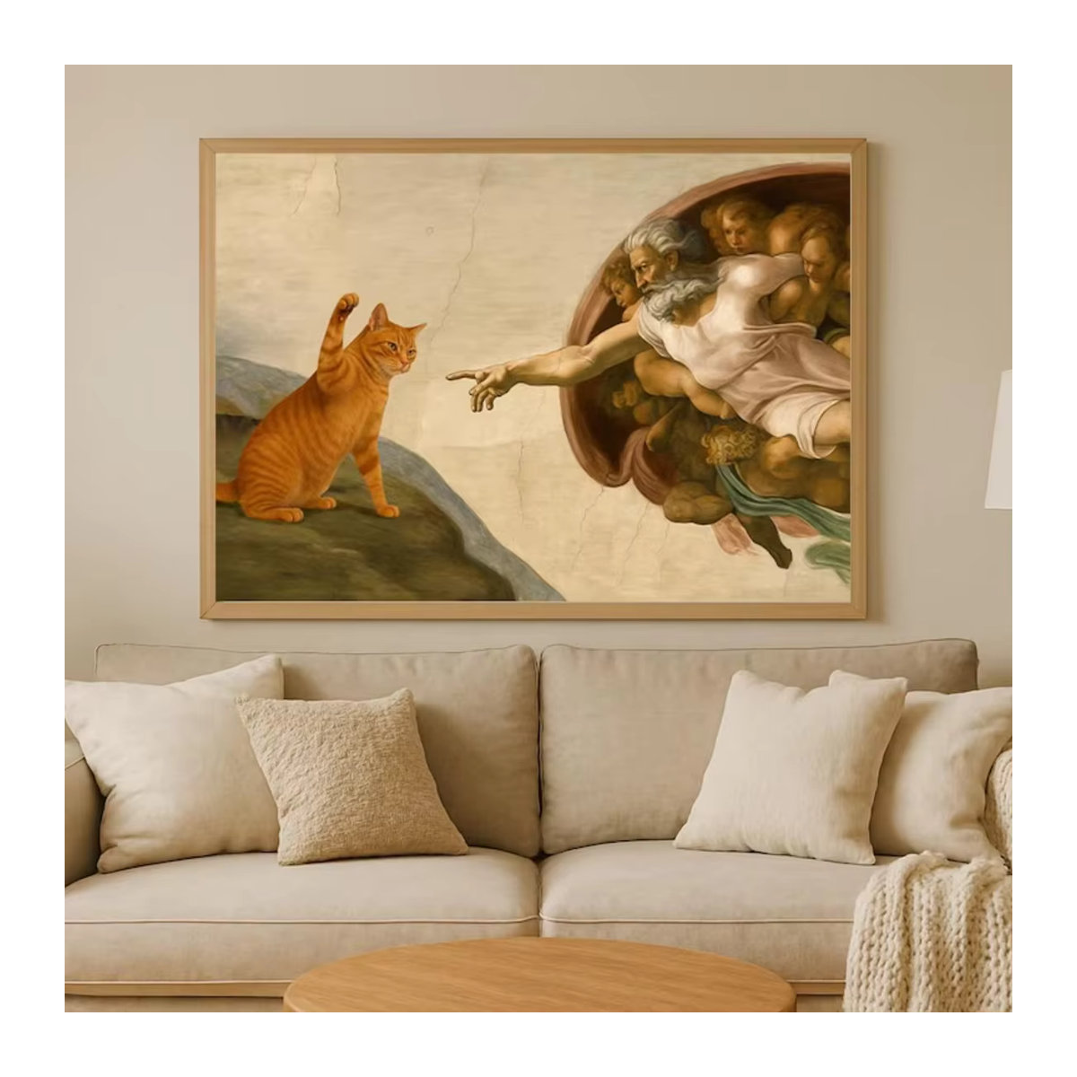 Klassisches Kunst-Parodie-Poster Creation of Adam mit orangefarbenem Katzen-Wanddruck in Querformat aus Papier - Bild 5