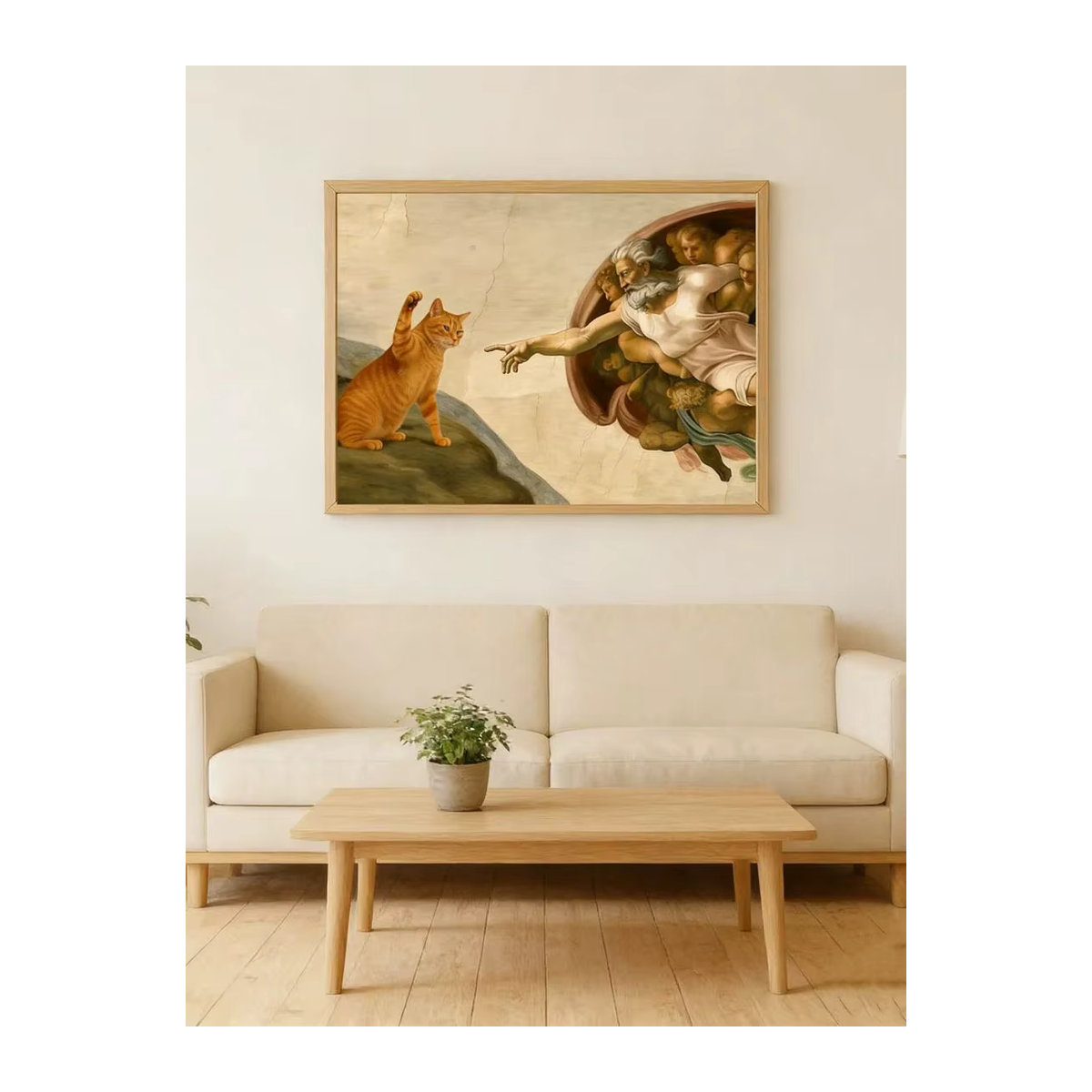 Klassisches Kunst-Parodie-Poster Creation of Adam mit orangefarbenem Katzen-Wanddruck in Querformat aus Papier - Bild 6
