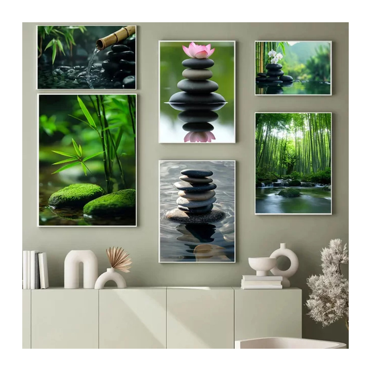 Klassisches Leinwandbild von Potdemiel mit Athen-Blumen, Fluss, Bambuswald und Steilandschaft in Mehrfarbig, Hochformat, Rahmenlos - Bild 1