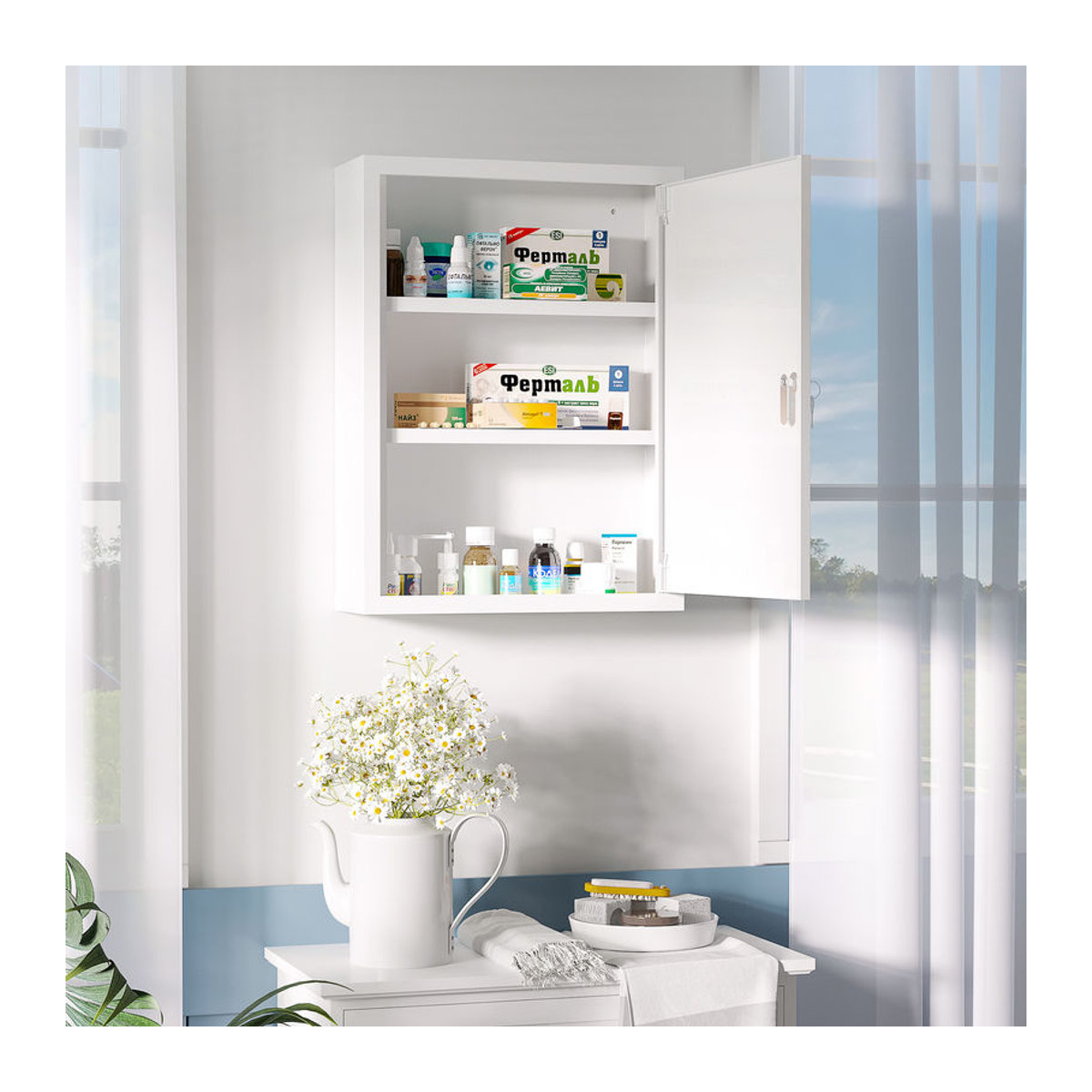 Kleankin Apothekerschrank aus Stahl in Weiß, abschließbarer Medizinschrank mit 3 Fächern für Badezimmer und Küche, B/T/H: 40 x 15 x 53,5 cm - Bild 1