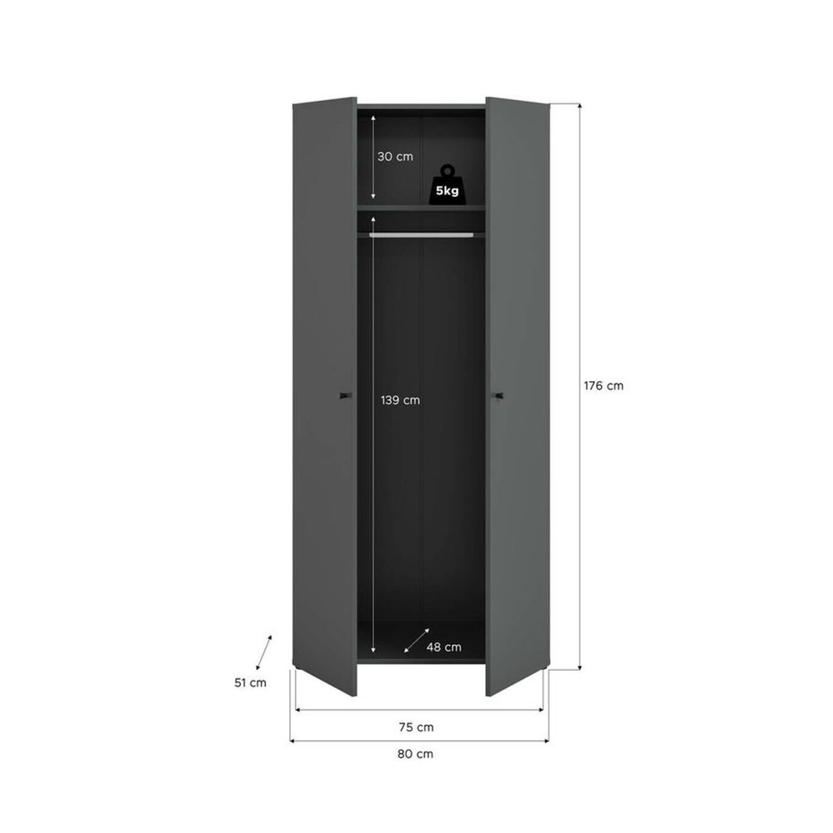 Kleiderschrank DARWIN xonox.home Anthrazit mit Drehtüren B/H/T: 80 x 176 x 51 cm - Bild 3
