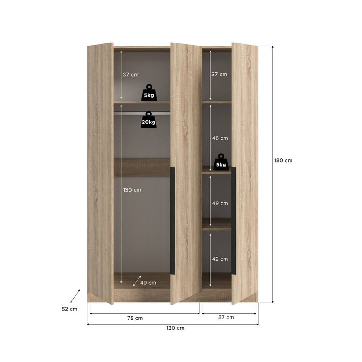 Kleiderschrank KOPENHAGEN von xonox.home in Eiche Sonoma Nachbildung mit Drehtüren, B/H/T: 120 x 181 x 52 cm - Bild 3