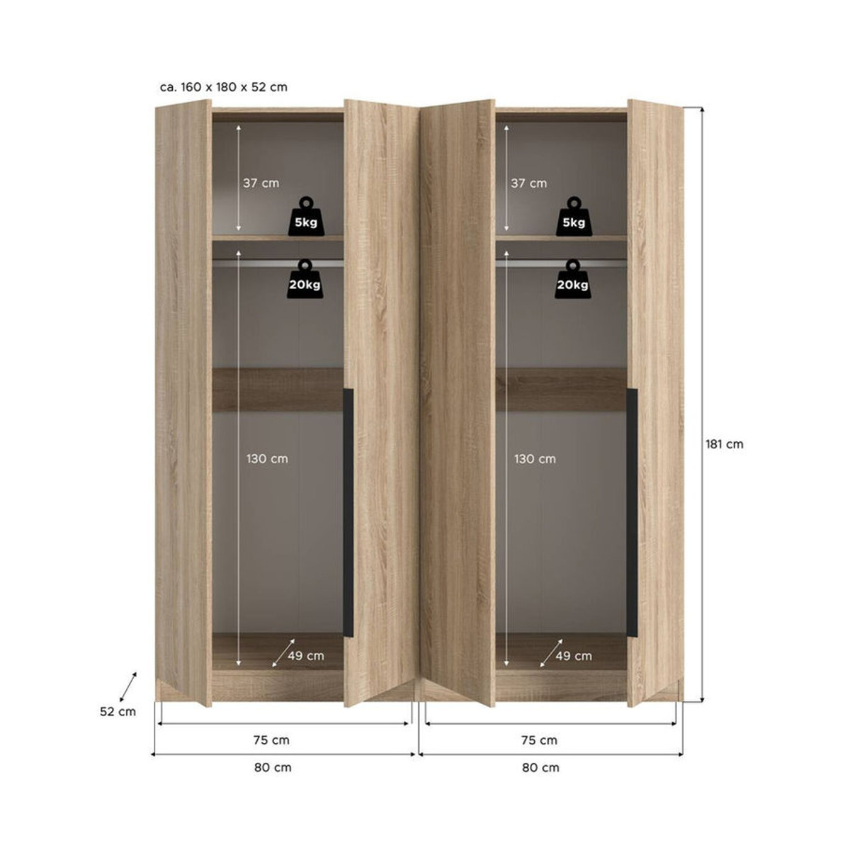 Kleiderschrank KOPENHAGEN von xonox.home in Eiche Sonoma Nachbildung mit Drehtüren, B/H/T: 160 x 181 x 52 cm - Bild 3