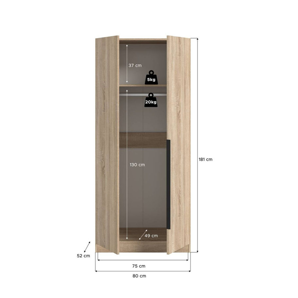 Kleiderschrank KOPENHAGEN von xonox.home in Eiche Sonoma Nachbildung mit Drehtüren, B/H/T: 80 x 181 x 52 cm - Bild 2
