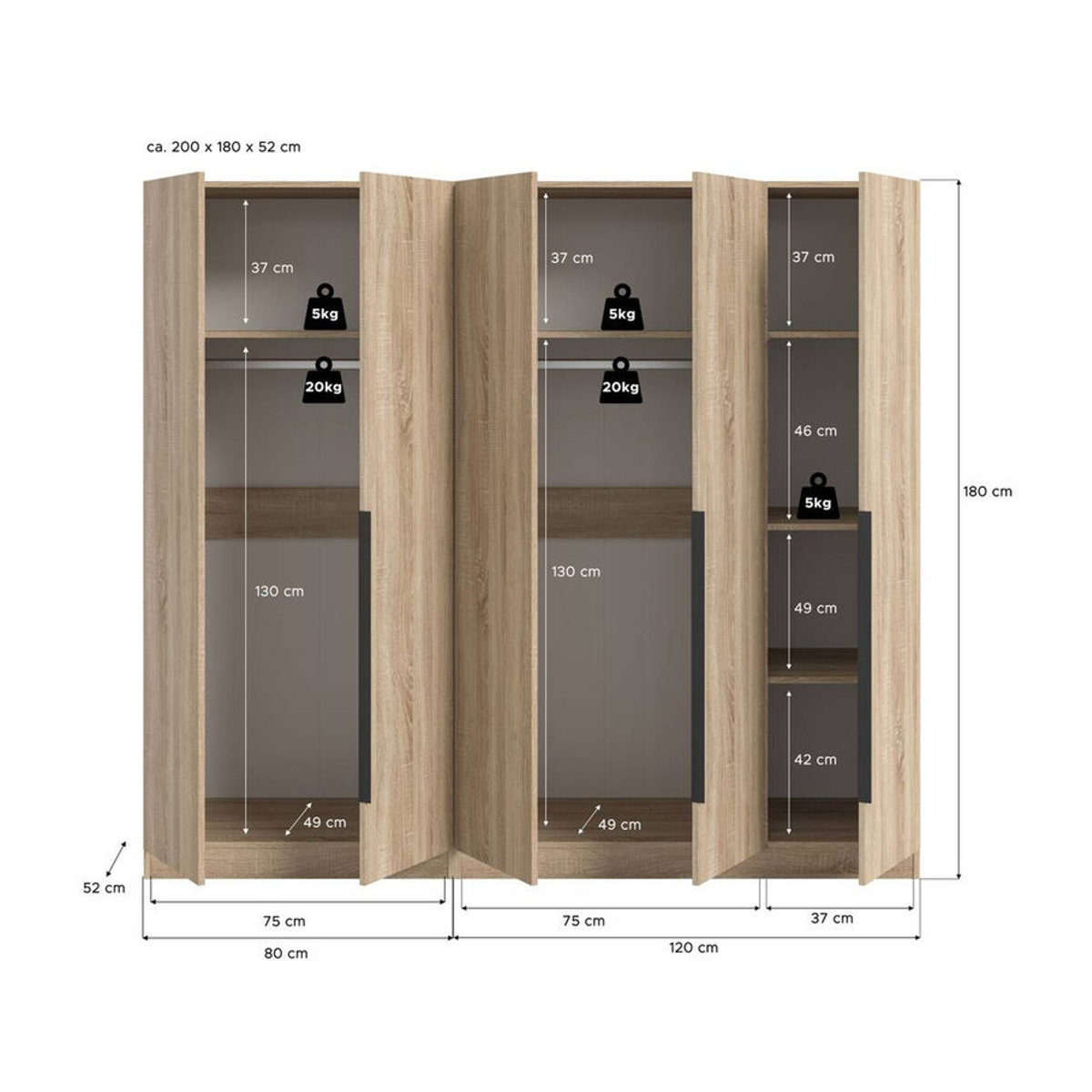 Kleiderschrank KOPENHAGEN von xonox.home in Eiche Sonoma Nachbildung, modern und skandinavisch, B/H/T: 200 x 181 x 52 cm - Bild 3