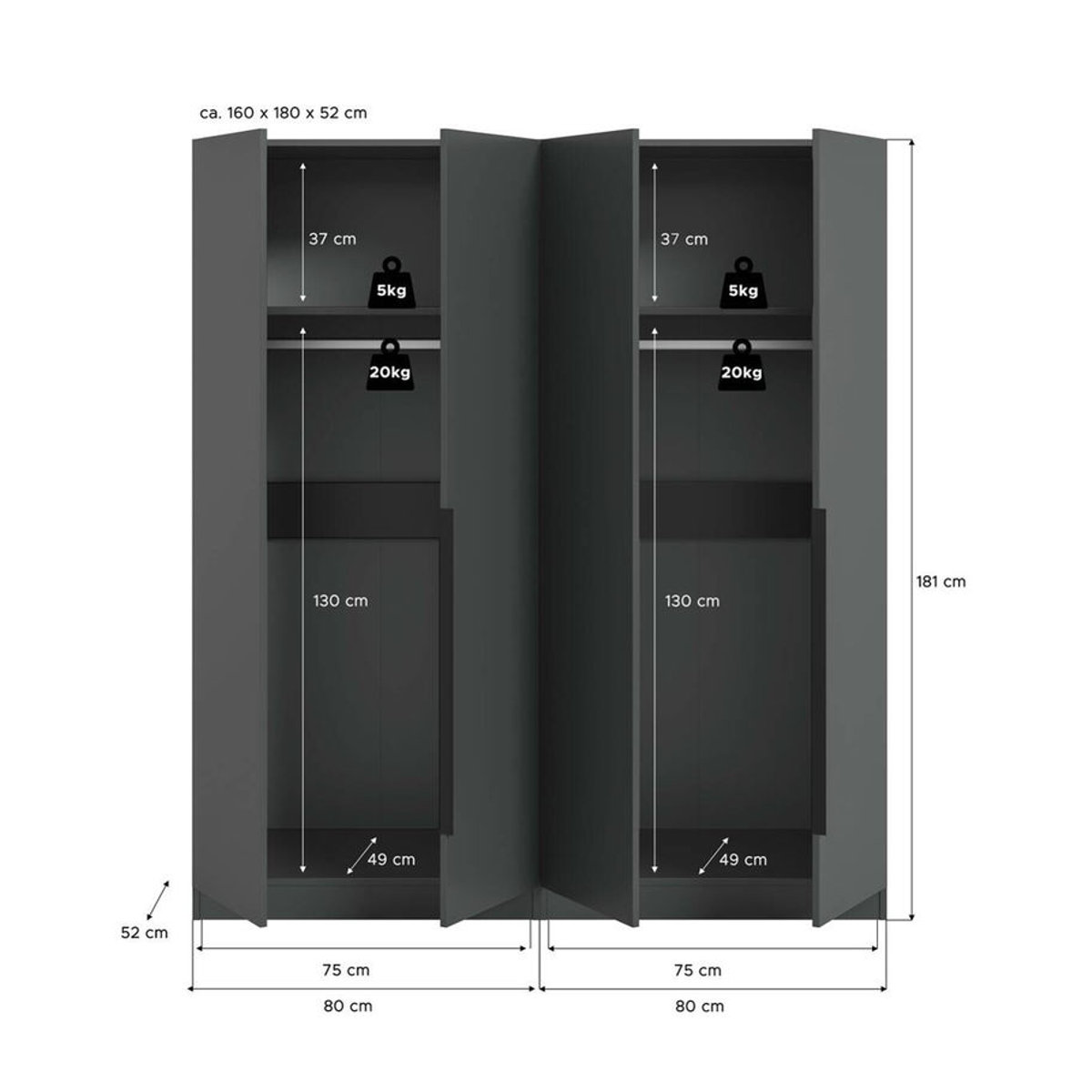 Kleiderschrank KOPENHAGEN xonox.home Anthrazit mit Drehtüren B/H/T: 160 x 181 x 52 cm - Bild 3