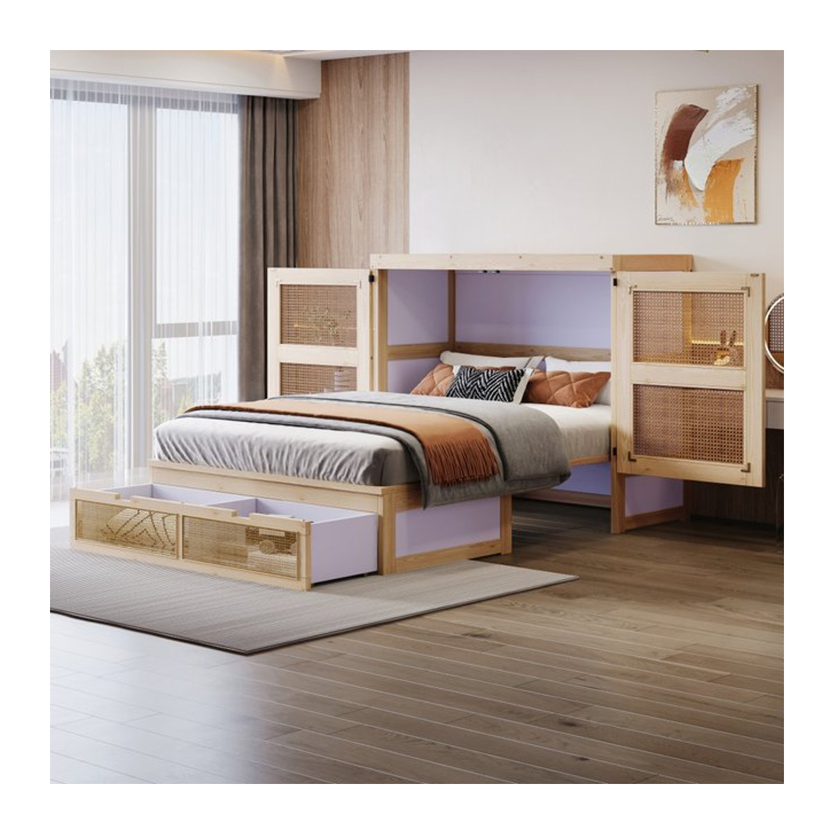 Kleiderschrankbett mit Rattan-Design und Aufbewahrungsschubladen, klappbares Wandbett in Weiß und Natur, B/T/H: 140 x 200 cm - Bild 1