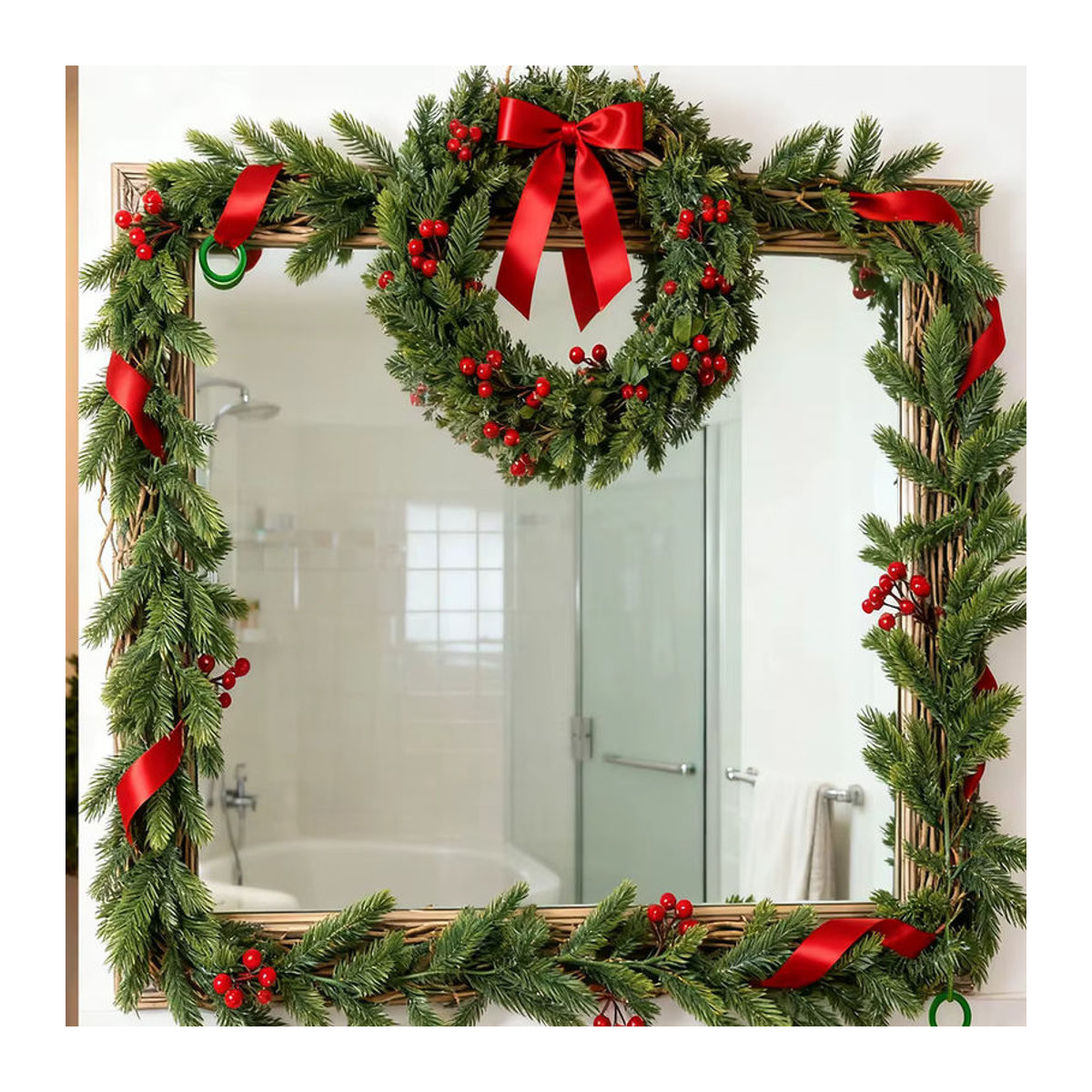 Kmitang Weihnachtsgirlande als Wandbehang mit roten Früchten und Tannennadeln, Grün/Rot, Länge: 175 cm - Bild 4