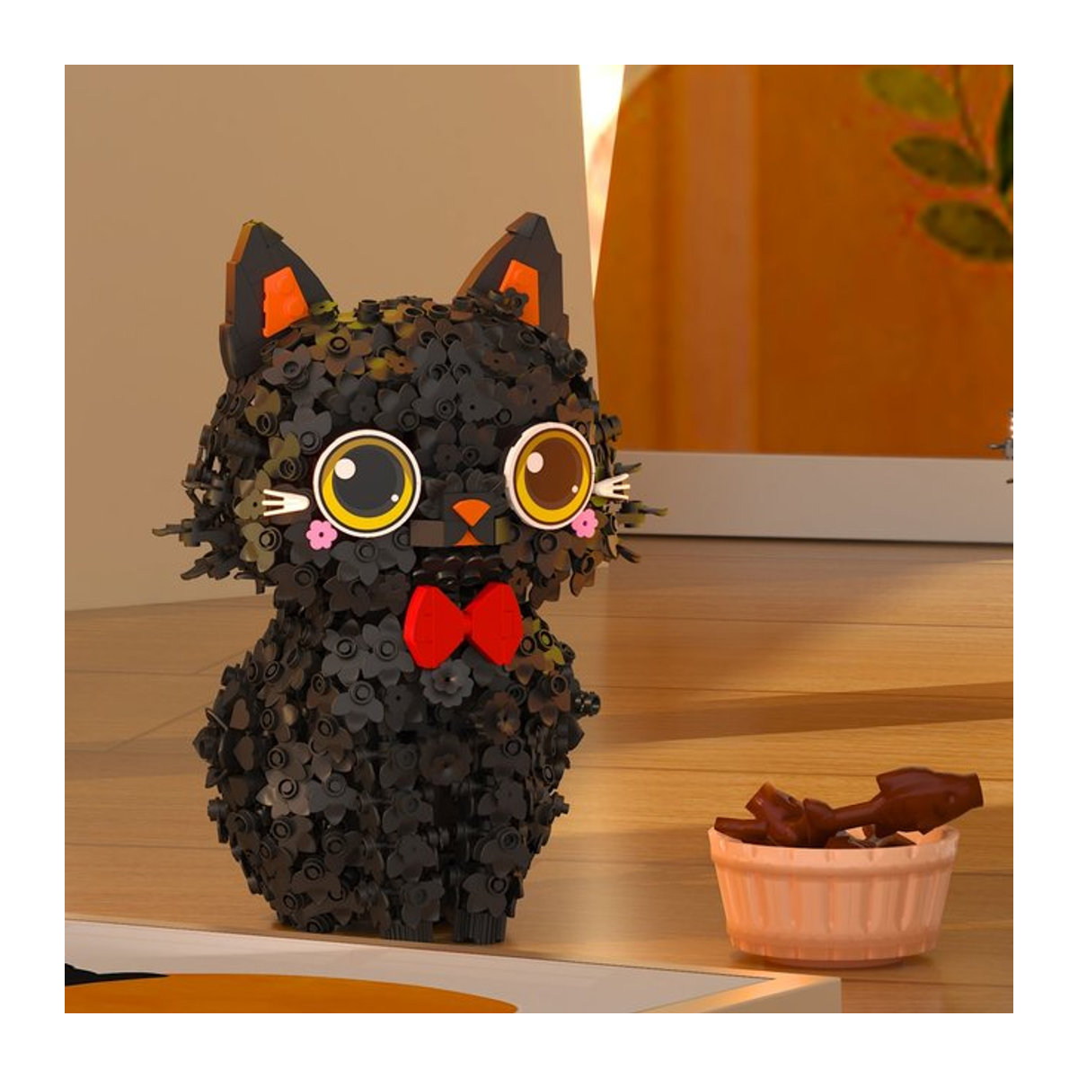 KNEW BUILT Mini-Baustein-Set Schwarze Katze mit Blütenblättern in Schwarz und Rosa aus Kunststoff als Dekoration für dein Zuhause - Bild 1
