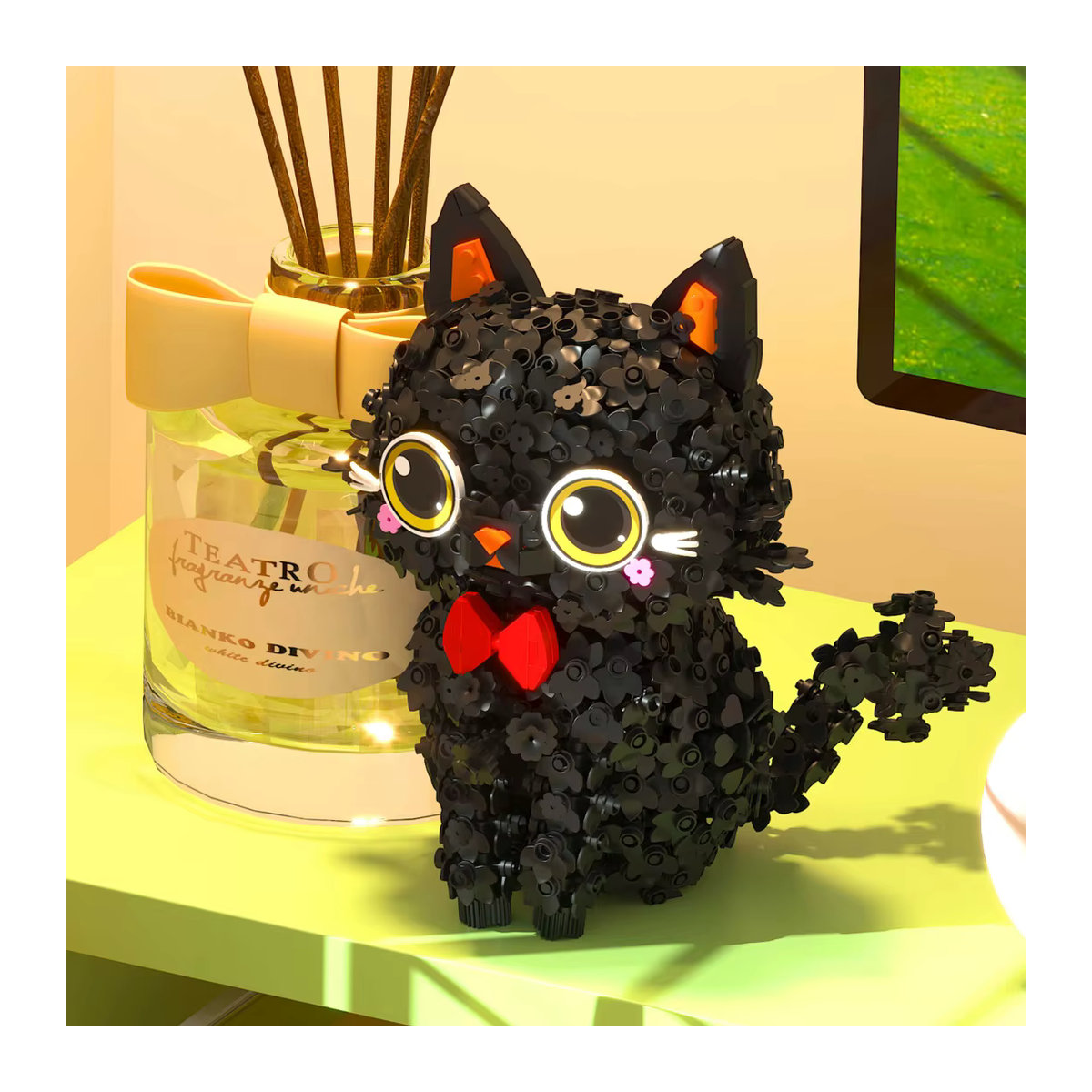 KNEW BUILT Mini-Baustein-Set Schwarze Katze mit Blütenblättern in Schwarz und Rosa aus Kunststoff als Dekoration für dein Zuhause - Bild 2