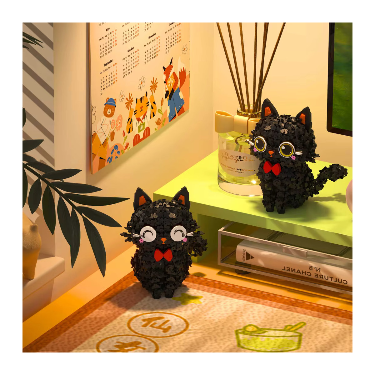 KNEW BUILT Mini-Baustein-Set Schwarze Katze mit Blütenblättern in Schwarz und Rosa aus Kunststoff als Dekoration für dein Zuhause - Bild 3