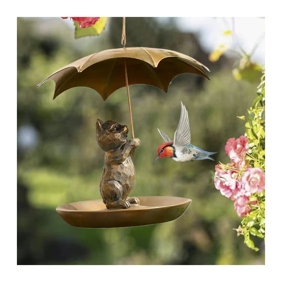 Kolibri-Vogelhäuschen aus Metall mit Regenschirm in Braun als hängender Futterspender für Garten und Hof - Bild 1