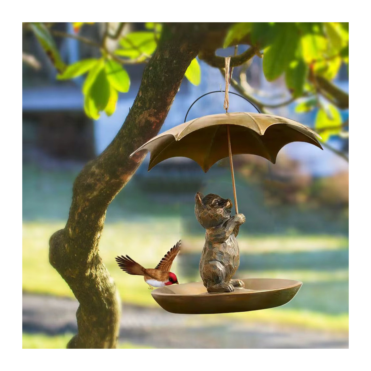 Kolibri-Vogelhäuschen aus Metall mit Regenschirm in Braun als hängender Futterspender für Garten und Hof - Bild 2
