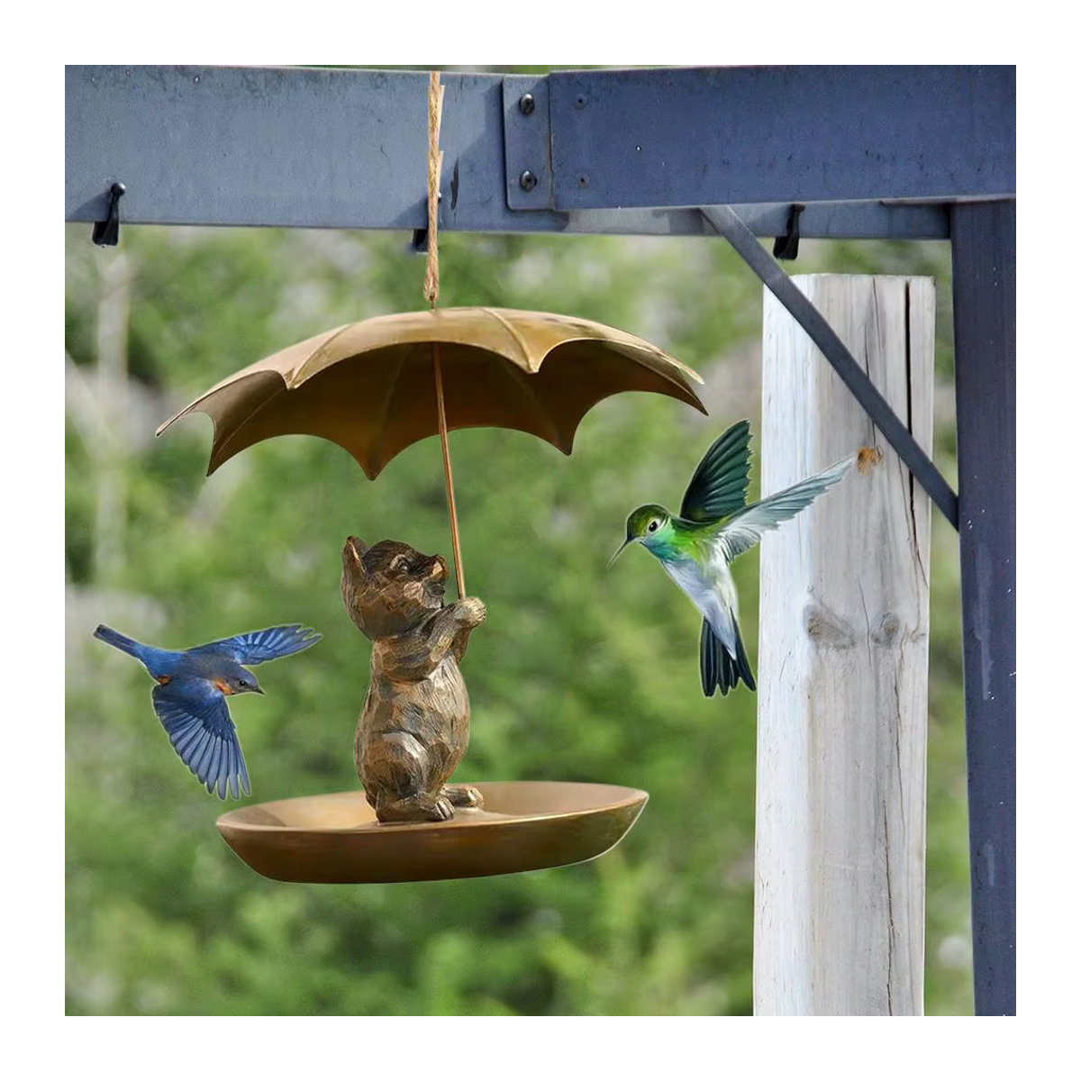 Kolibri-Vogelhäuschen aus Metall mit Regenschirm in Braun als hängender Futterspender für Garten und Hof - Bild 3