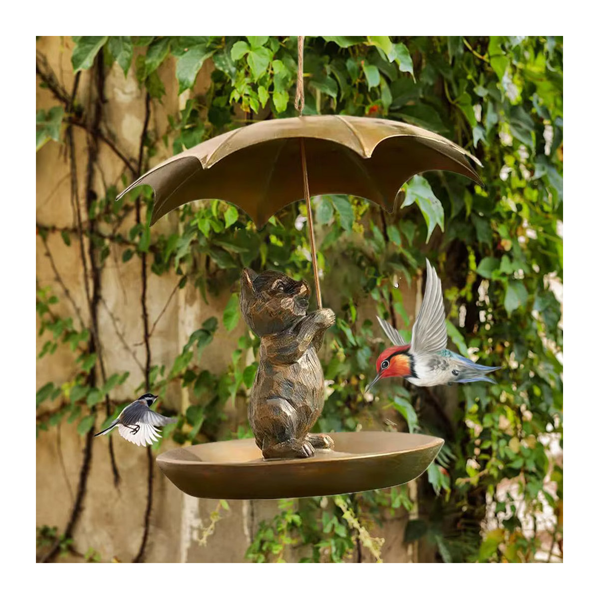 Kolibri-Vogelhäuschen aus Metall mit Regenschirm in Braun als hängender Futterspender für Garten und Hof - Bild 4