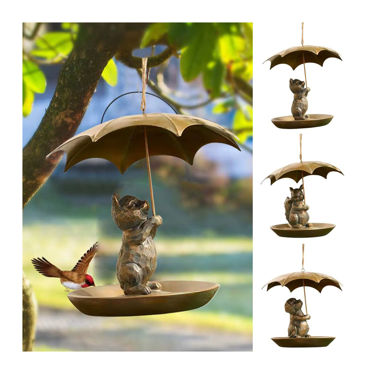 Kolibri-Vogelhäuschen aus Metall mit Regenschirm in Braun als hängender Futterspender für Garten und Hof - Bild 5