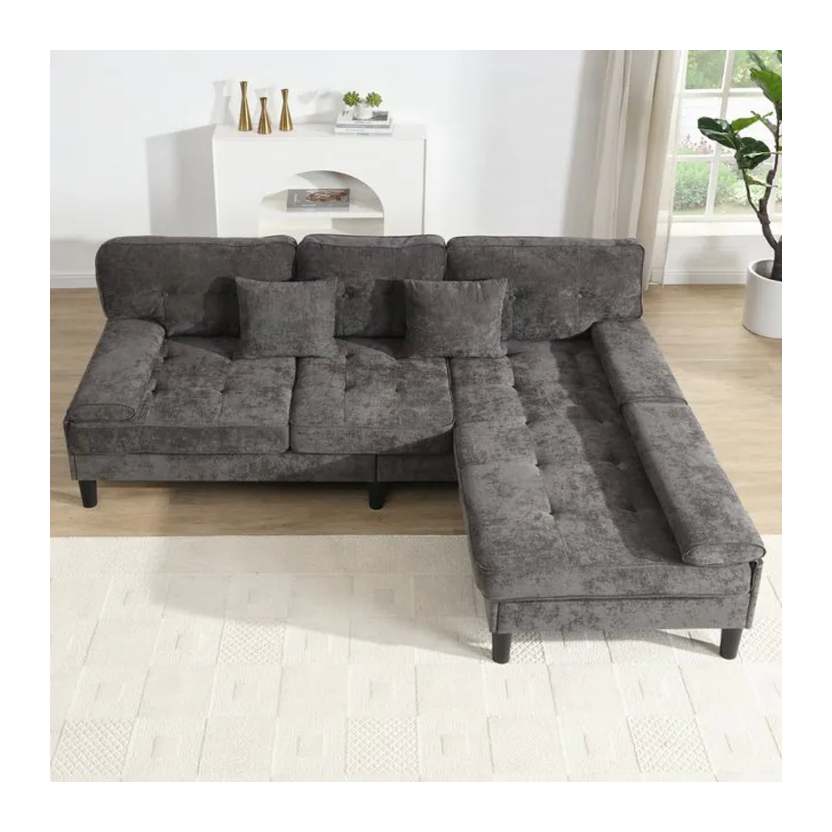 KOMHTOM Ecksofa aus Chenille mit Schlaffunktion und beweglicher Fußbank, modernes Dreisitzer L-Form Sofa mit Chaiselongue in Beige oder Grau - Bild 1