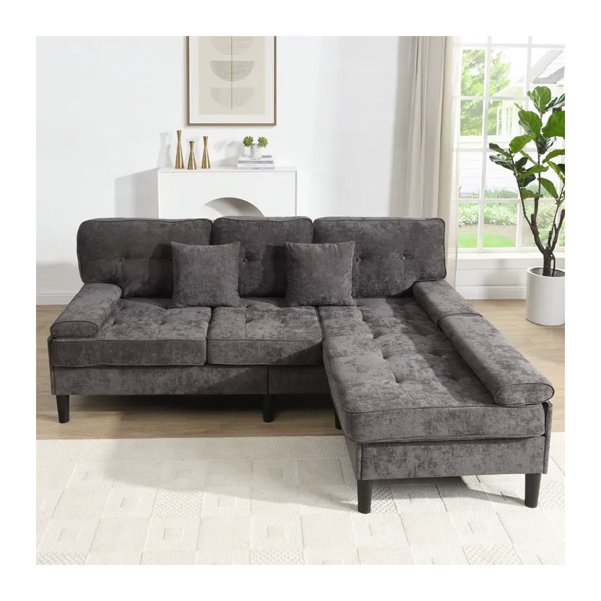 KOMHTOM Ecksofa aus Chenille mit Schlaffunktion und beweglicher Fußbank, modernes Dreisitzer L-Form Sofa mit Chaiselongue in Beige oder Grau - Bild 3