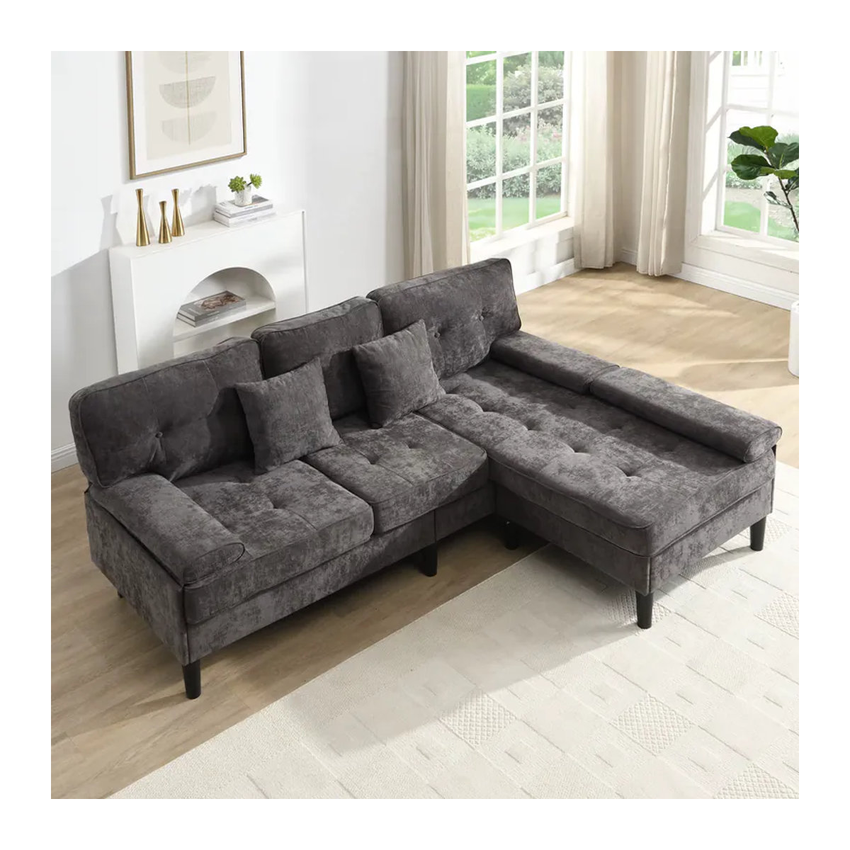 KOMHTOM Ecksofa aus Chenille mit Schlaffunktion und beweglicher Fußbank, modernes Dreisitzer L-Form Sofa mit Chaiselongue in Beige oder Grau - Bild 4