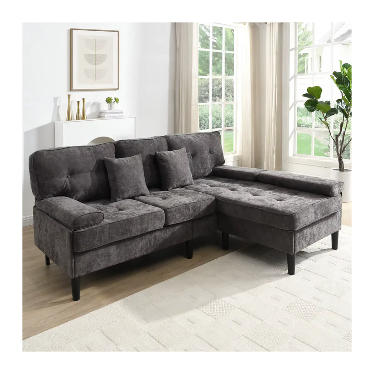 KOMHTOM Ecksofa aus Chenille mit Schlaffunktion und beweglicher Fußbank, modernes Dreisitzer L-Form Sofa mit Chaiselongue in Beige oder Grau - Bild 5
