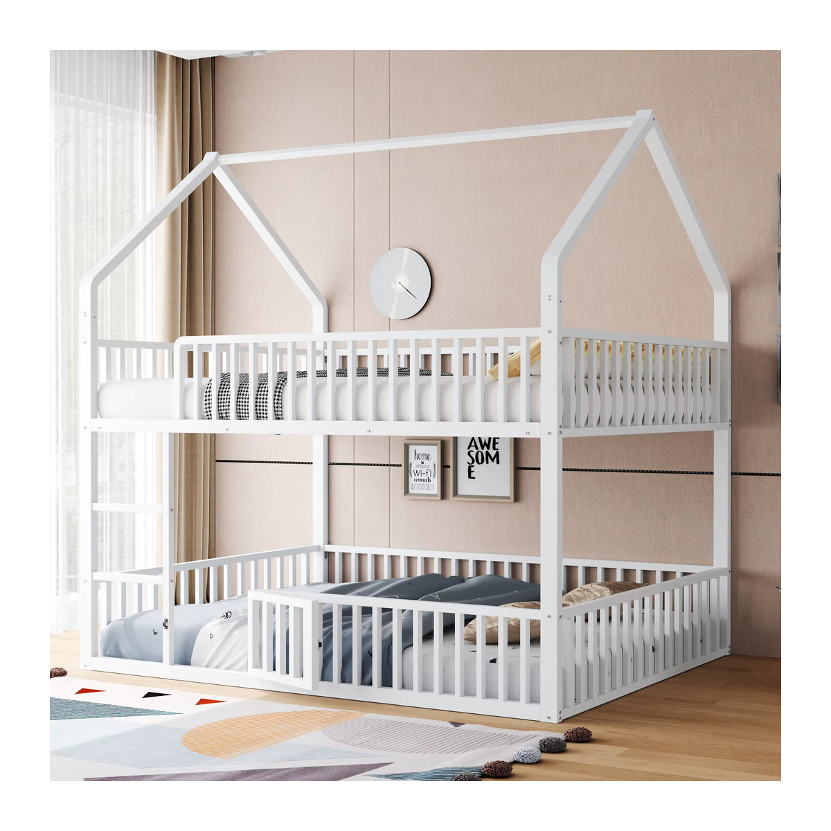 KOMHTOM Etagenbett aus Metall in Weiß mit Doppelbett, Treppe und Loft-Design für Kinder - Bild 4