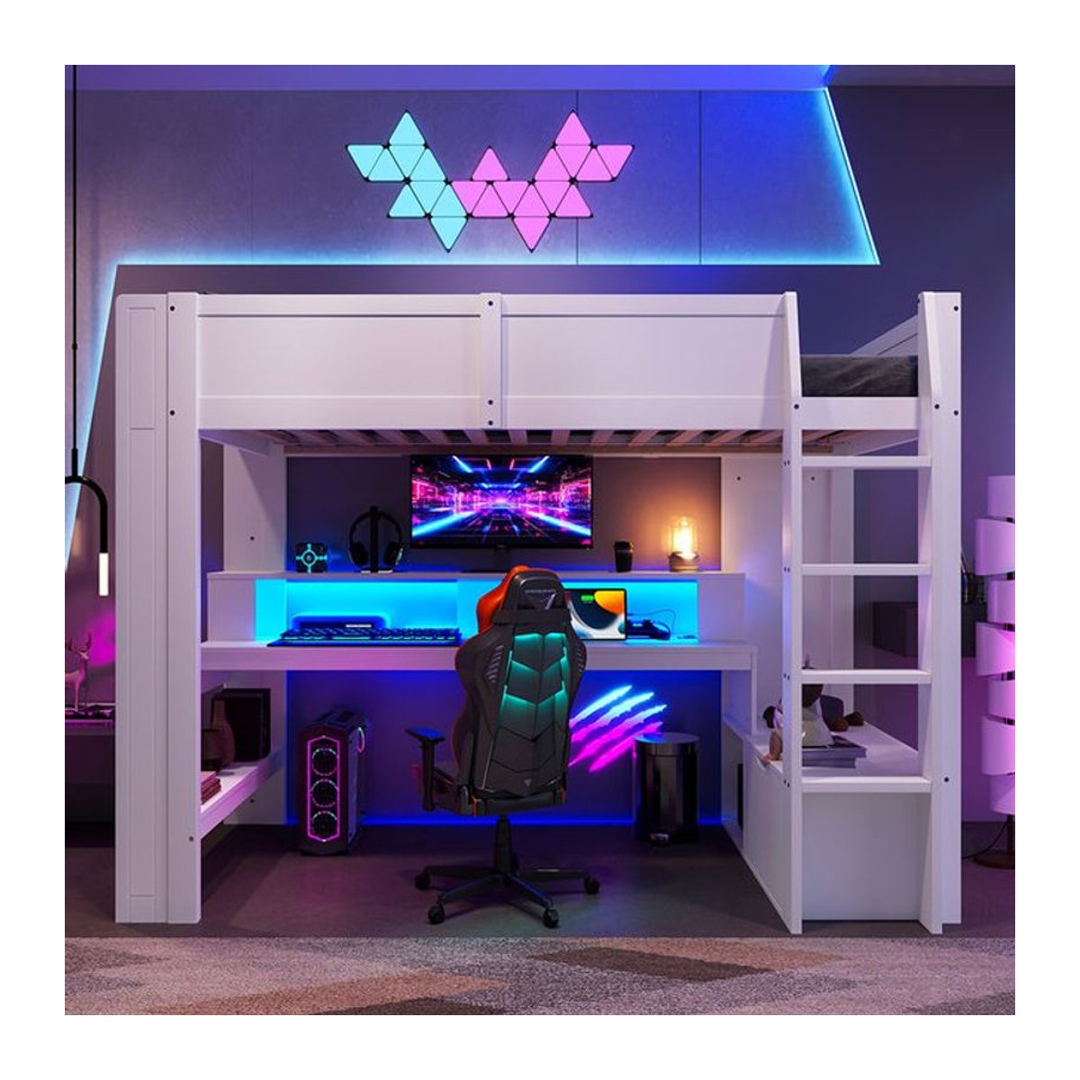 KOMHTOM Gaming Hochbett in Weiß mit Schreibtisch, LED-Leuchten, Schublade und Regalen – Modernes Design ohne Matratze - Bild 1