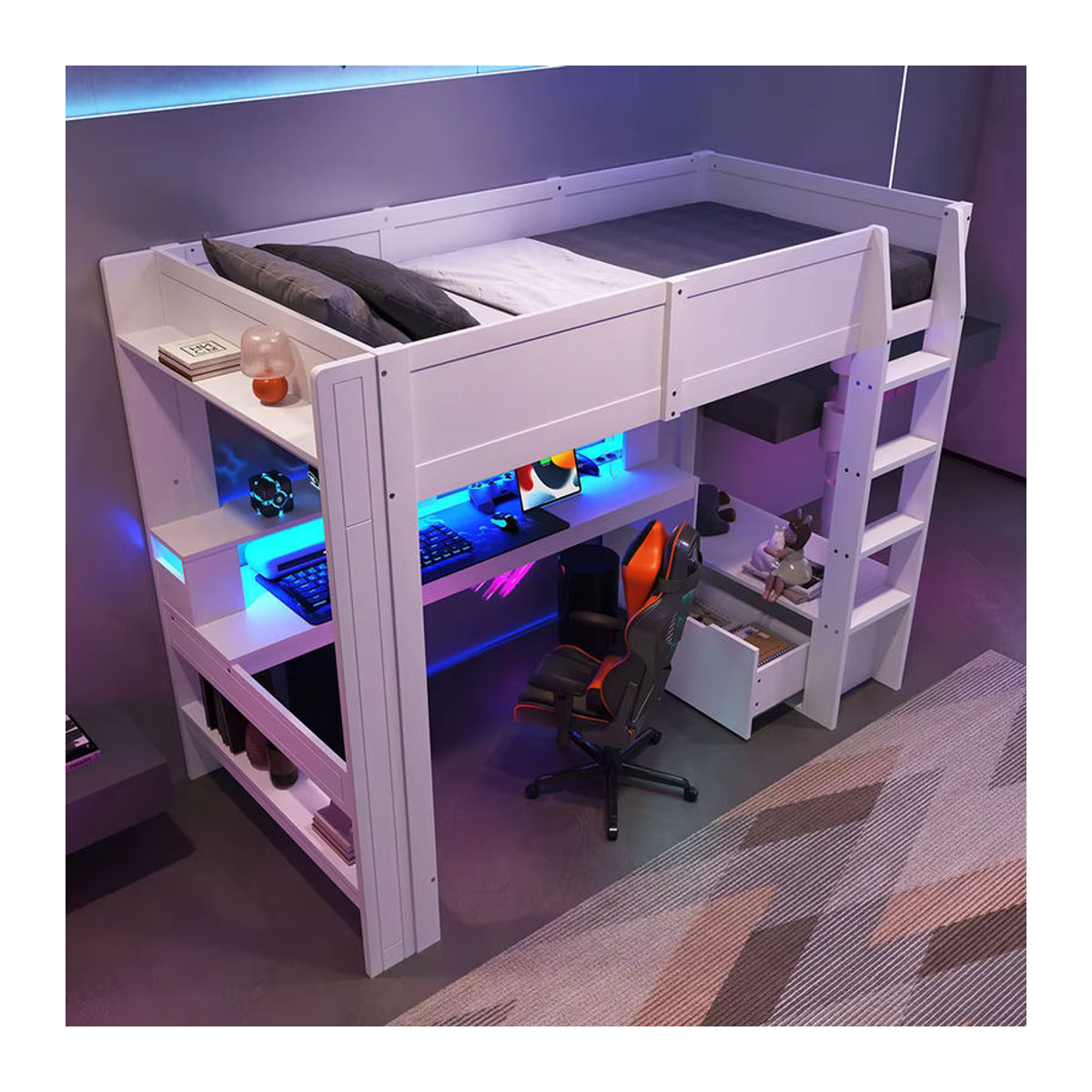 KOMHTOM Gaming Hochbett in Weiß mit Schreibtisch, LED-Leuchten, Schublade und Regalen – Modernes Design ohne Matratze - Bild 2
