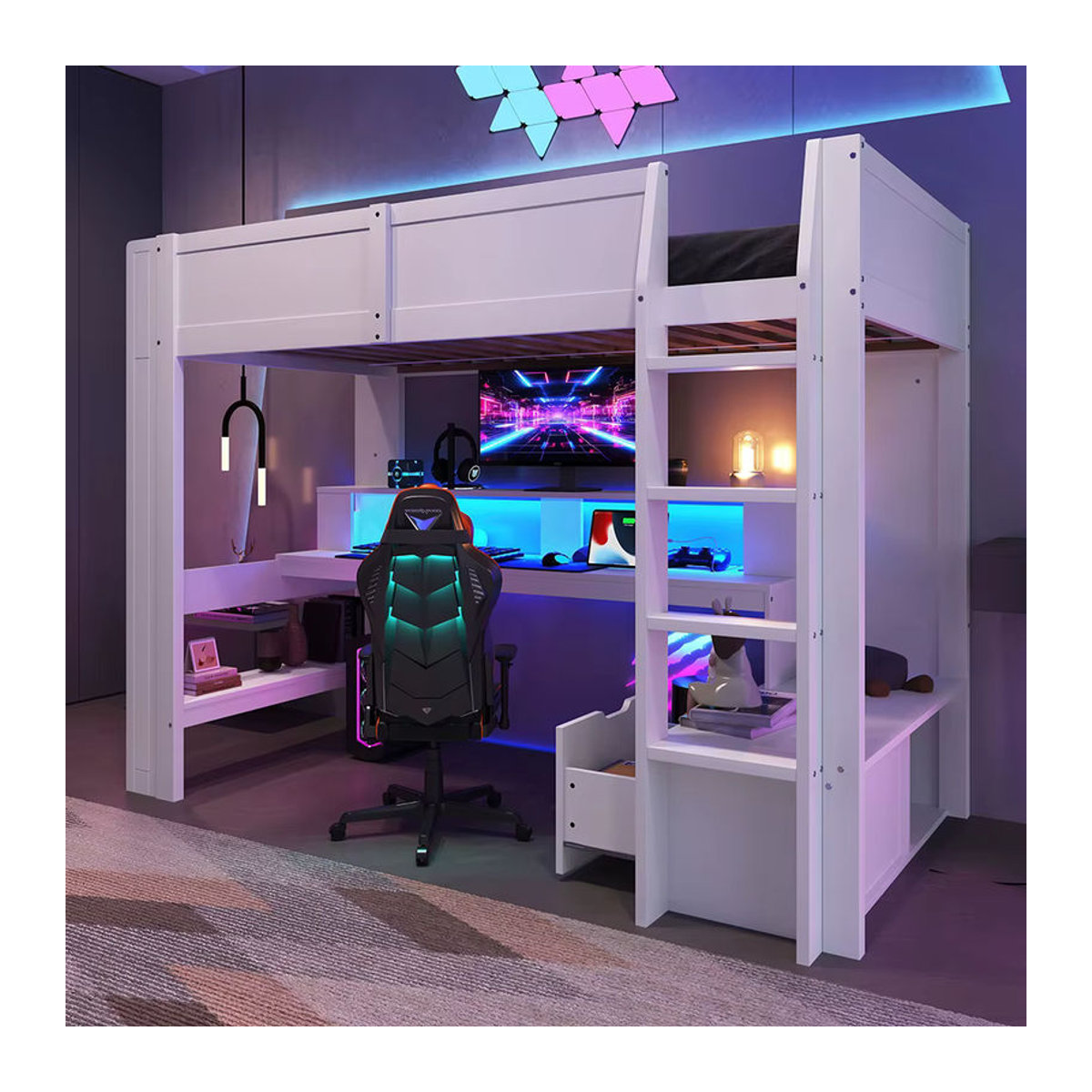 KOMHTOM Gaming Hochbett in Weiß mit Schreibtisch, LED-Leuchten, Schublade und Regalen – Modernes Design ohne Matratze - Bild 3
