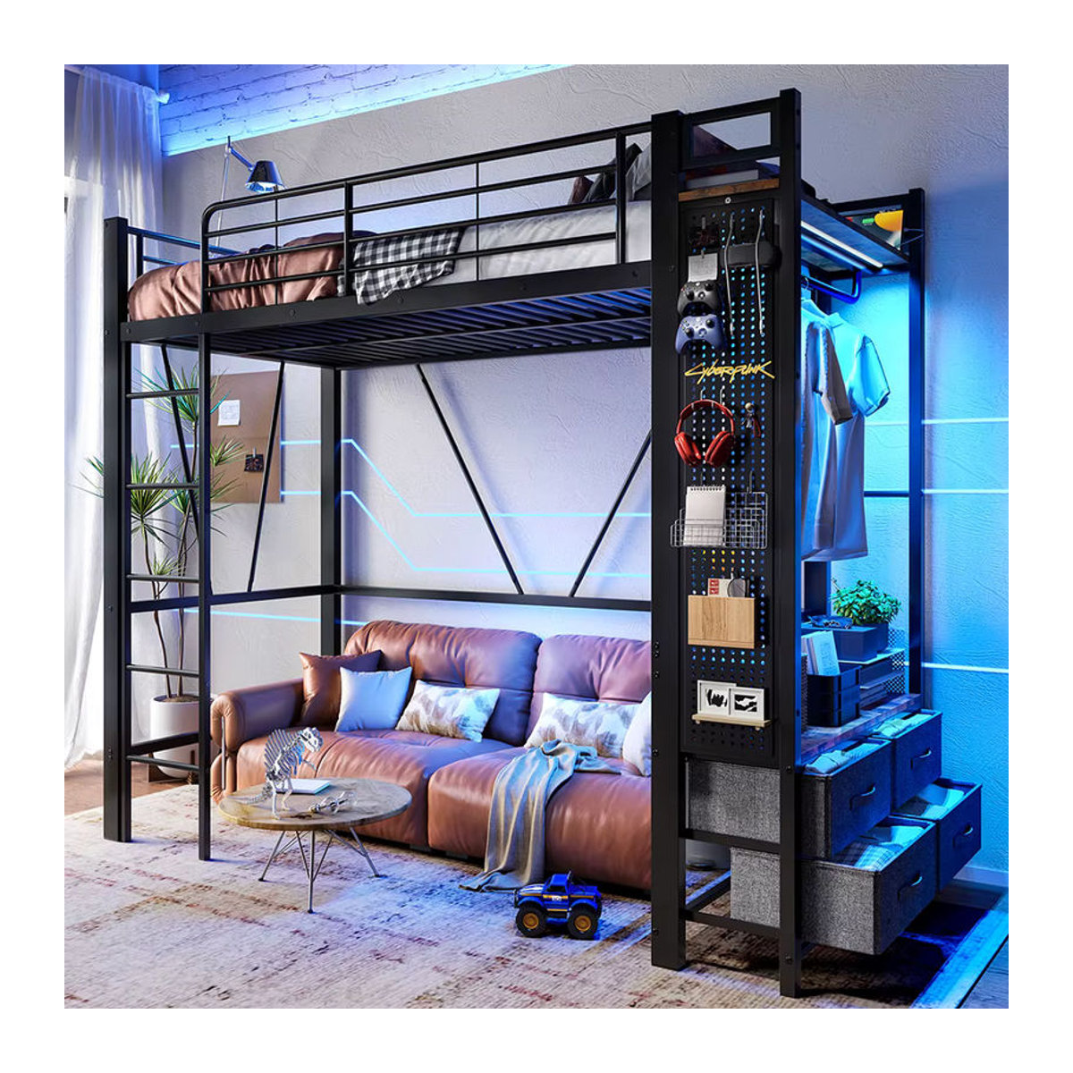 KOMHTOM Hochbett aus Metall in Schwarz im Industrial Design mit LED-Leiste, USB- und Type-C-Steckdose sowie 4 Schubladen, B/T: 200 x 90 cm - Bild 4