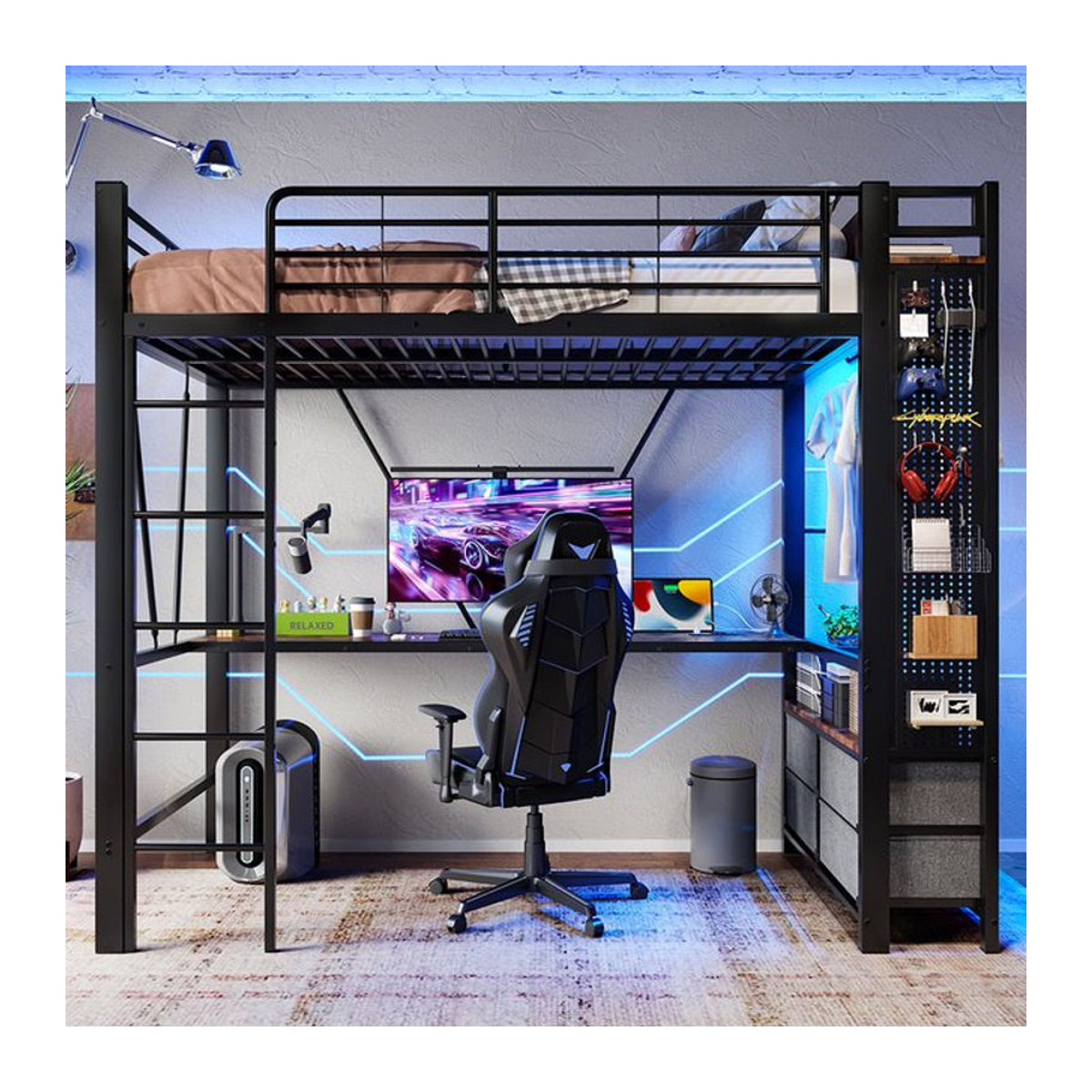 KOMHTOM Hochbett aus Metall mit Schreibtisch, LED-Leiste, USB- und Type-C-Steckdose sowie 4 Schubladen, B/T/H: 90 x 200 cm - Bild 1