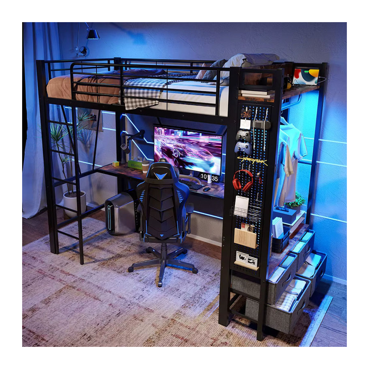 KOMHTOM Hochbett aus Metall mit Schreibtisch, LED-Leiste, USB- und Type-C-Steckdose sowie 4 Schubladen, B/T/H: 90 x 200 cm - Bild 2