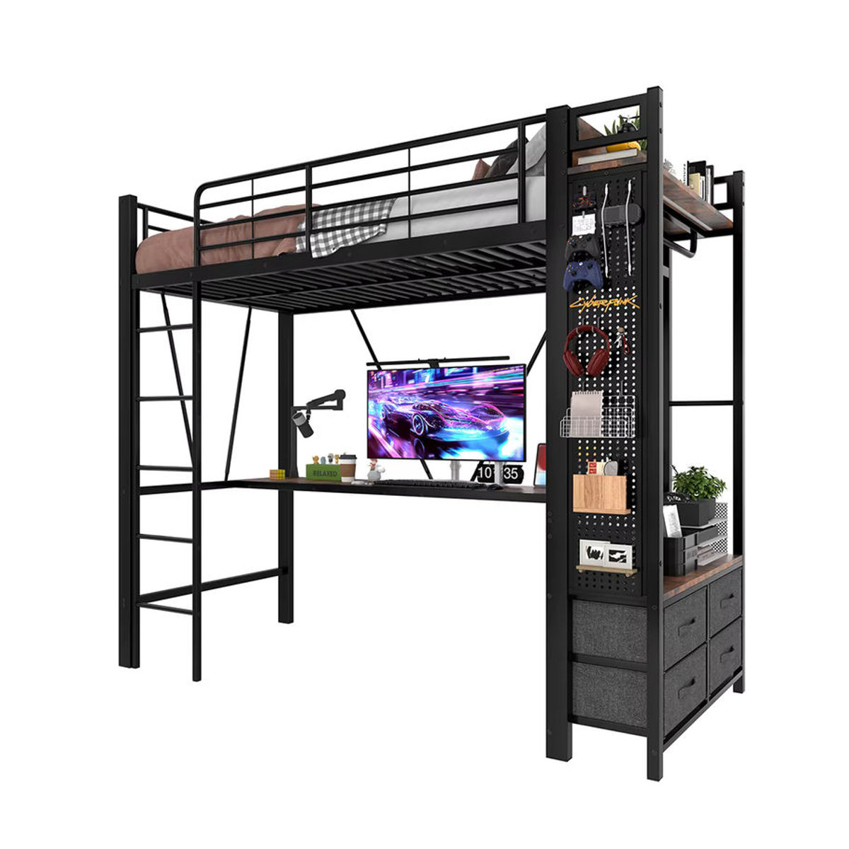 KOMHTOM Hochbett aus Metall mit Schreibtisch, LED-Leiste, USB- und Type-C-Steckdose sowie 4 Schubladen, B/T/H: 90 x 200 cm - Bild 3