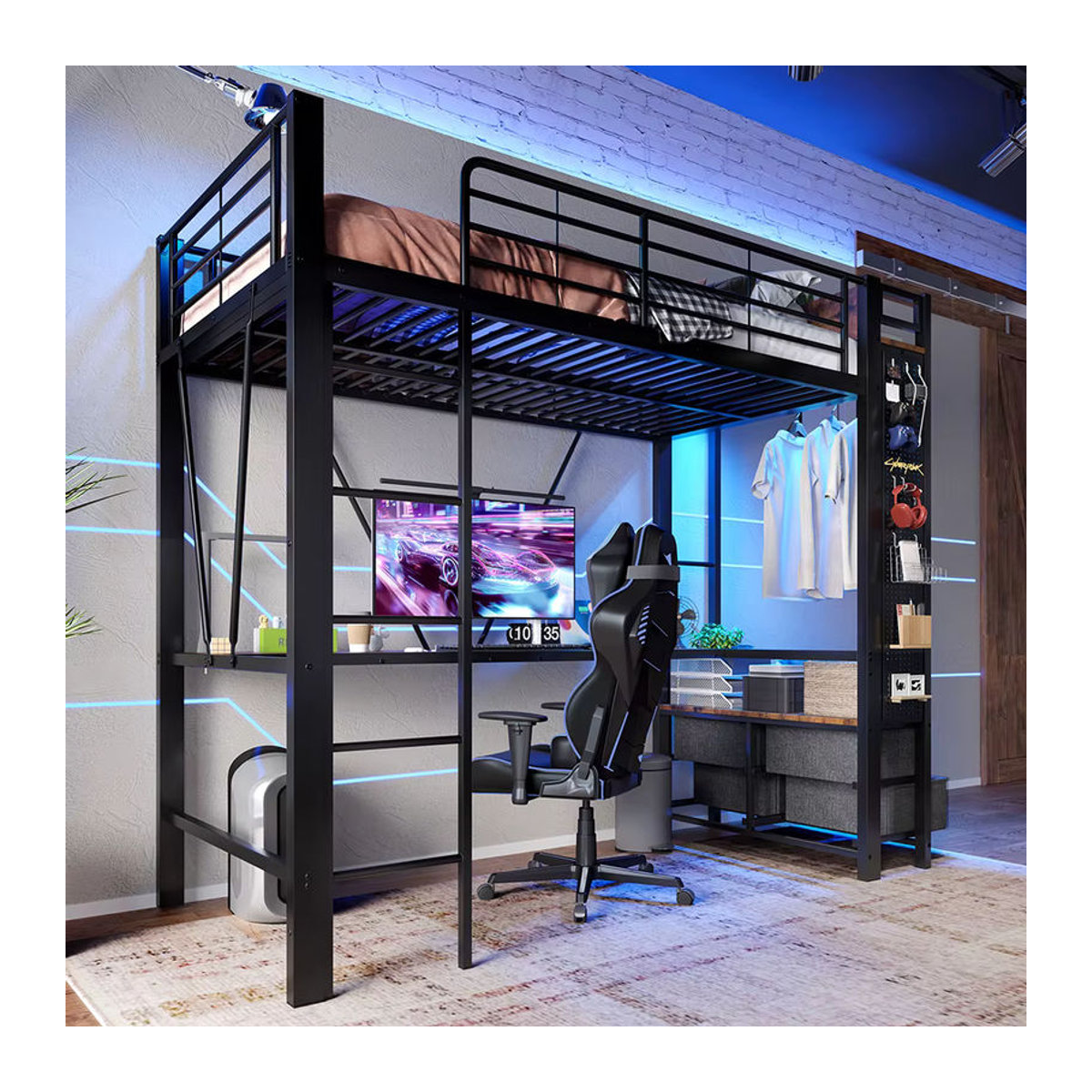 KOMHTOM Hochbett aus Metall mit Schreibtisch, LED-Leiste, USB- und Type-C-Steckdose sowie 4 Schubladen, B/T/H: 90 x 200 cm - Bild 4